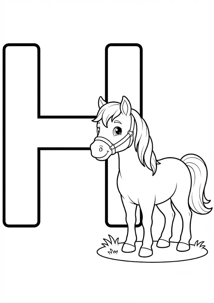 Letter H coloring page with a horse for the Learn World series