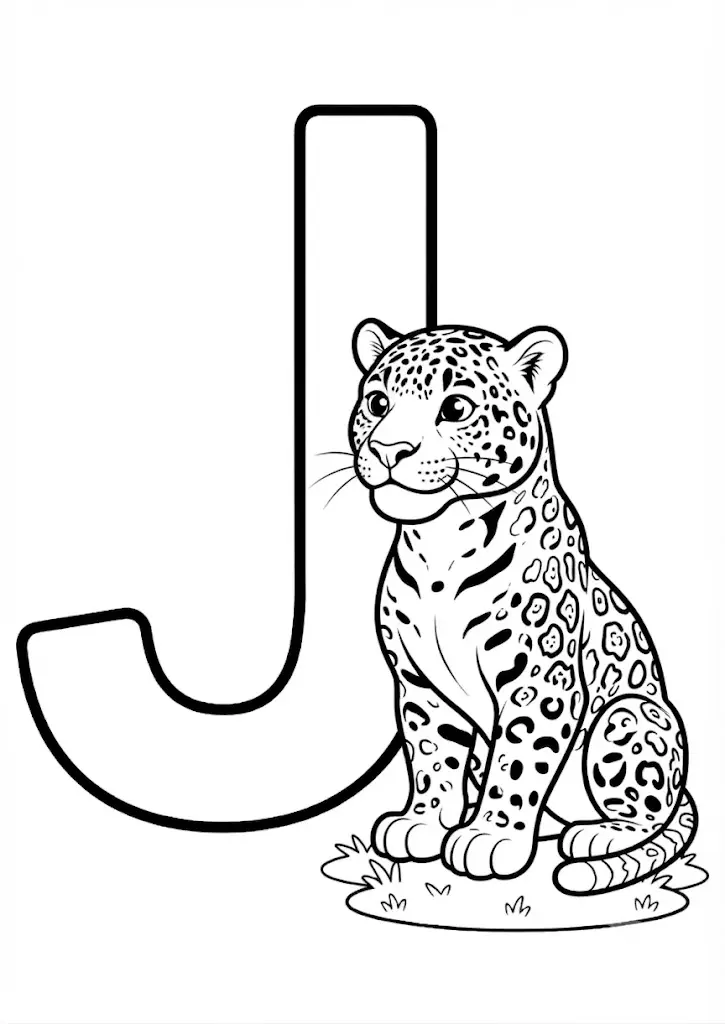 Letter J coloring page with a jaguar for the Learn World series