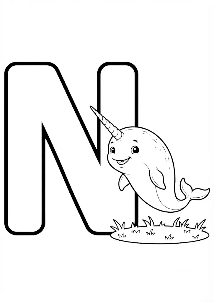 Letter N coloring page with a narwhal for the Learn World series
