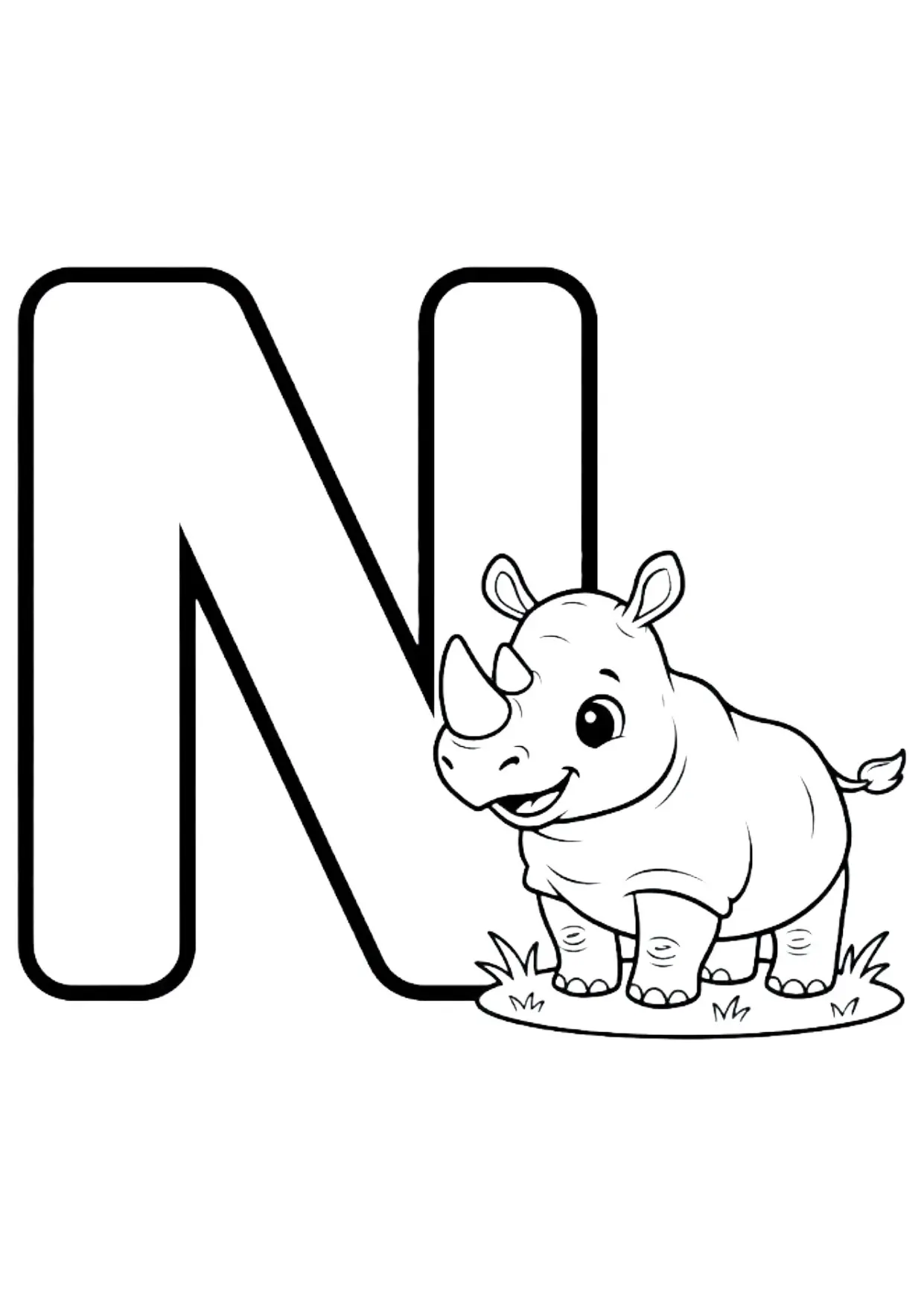 ABC Ausmalbild Buchstabe N wie Nashorn