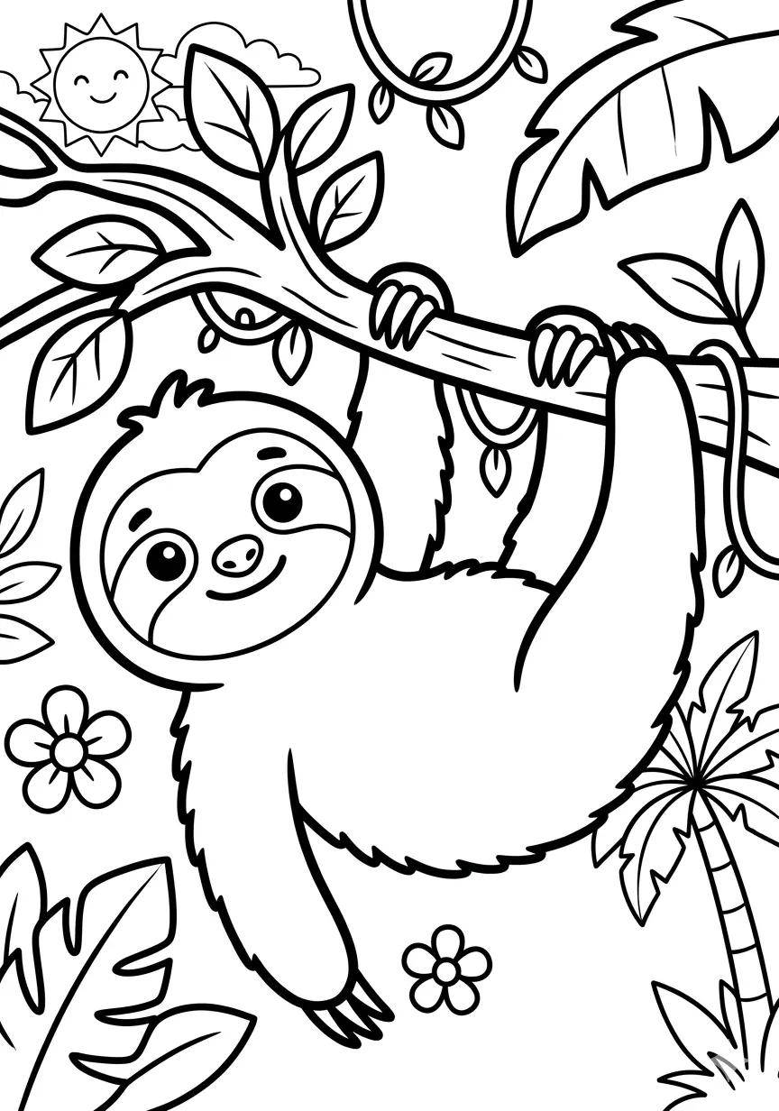 Faultier Ausmalbild kostenlos für Kinder 5-8 Jahre