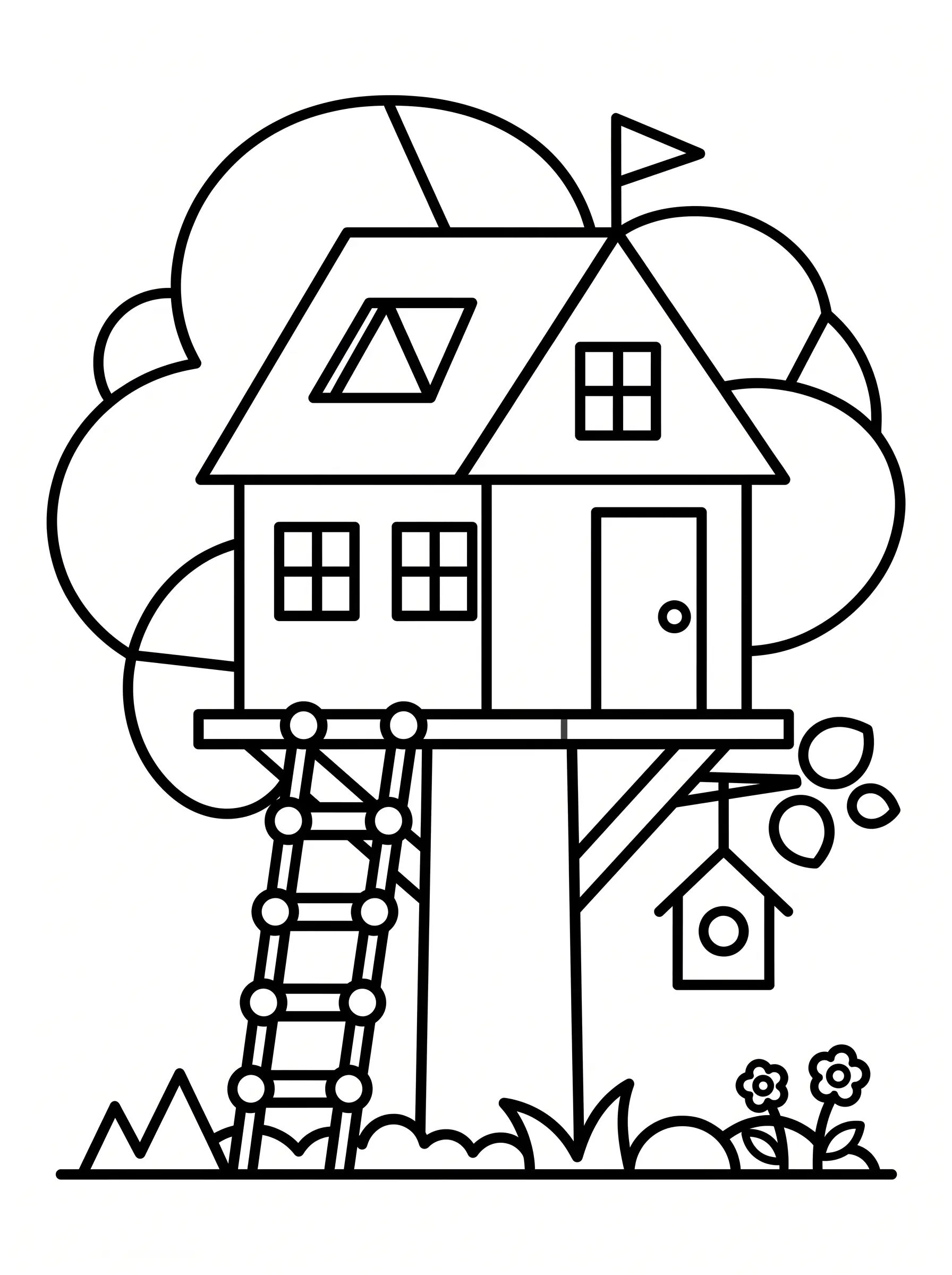 Baumhaus Ausmalbild aus geometrischen Formen für die Formen-Werkstatt