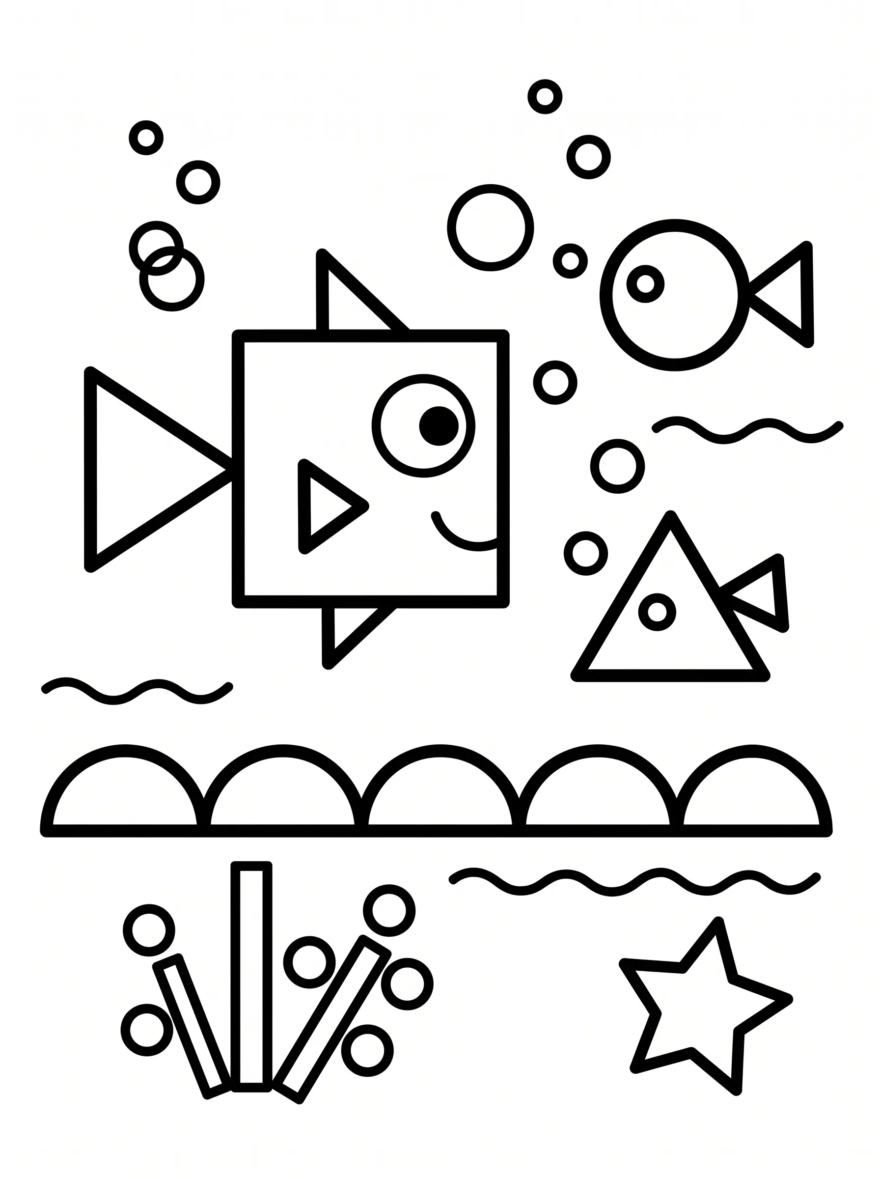 Fish in the sea coloring page made of geometric shapes for shape learning