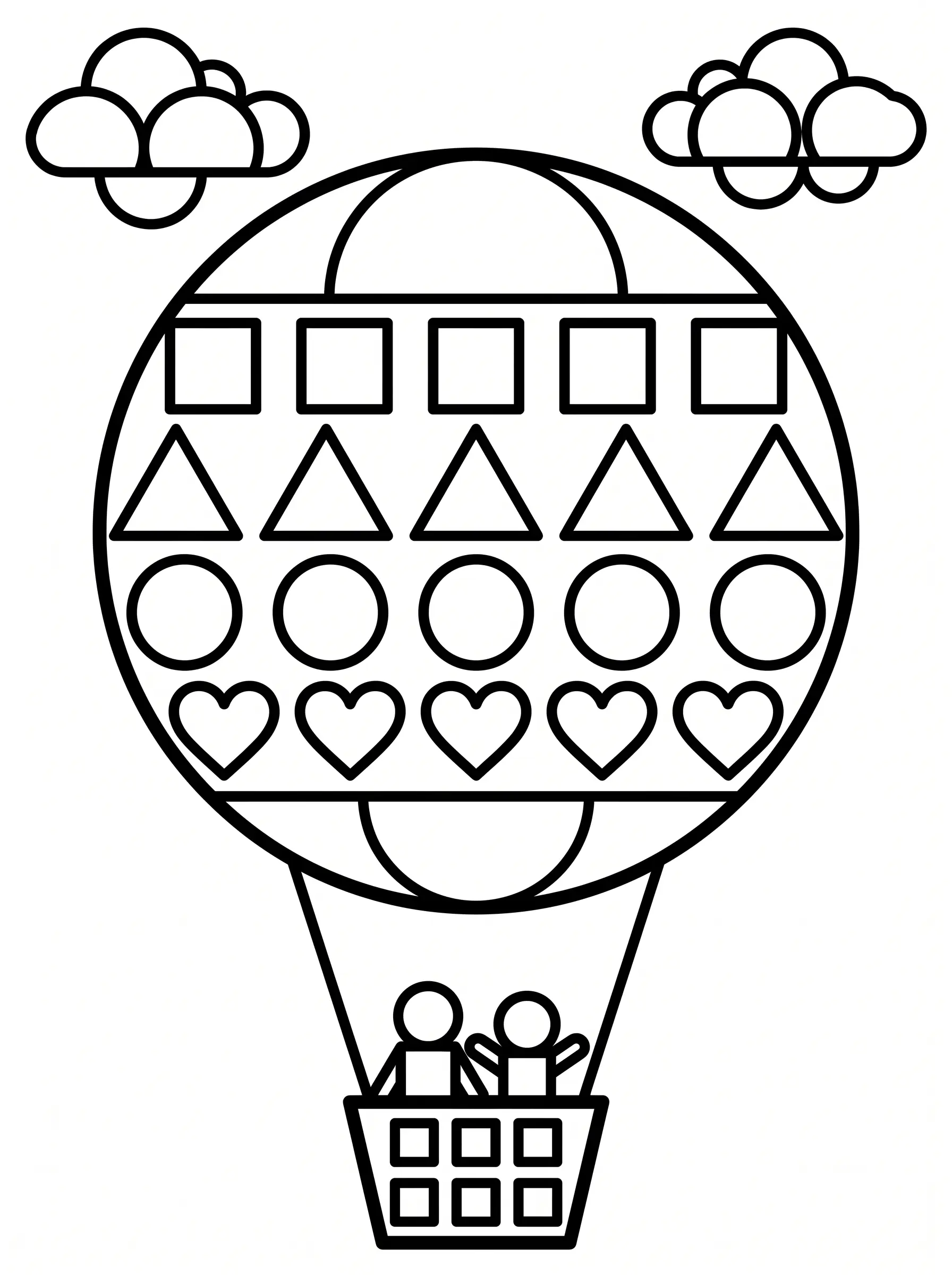 Hot air balloon coloring page made of geometric shapes for shape learning