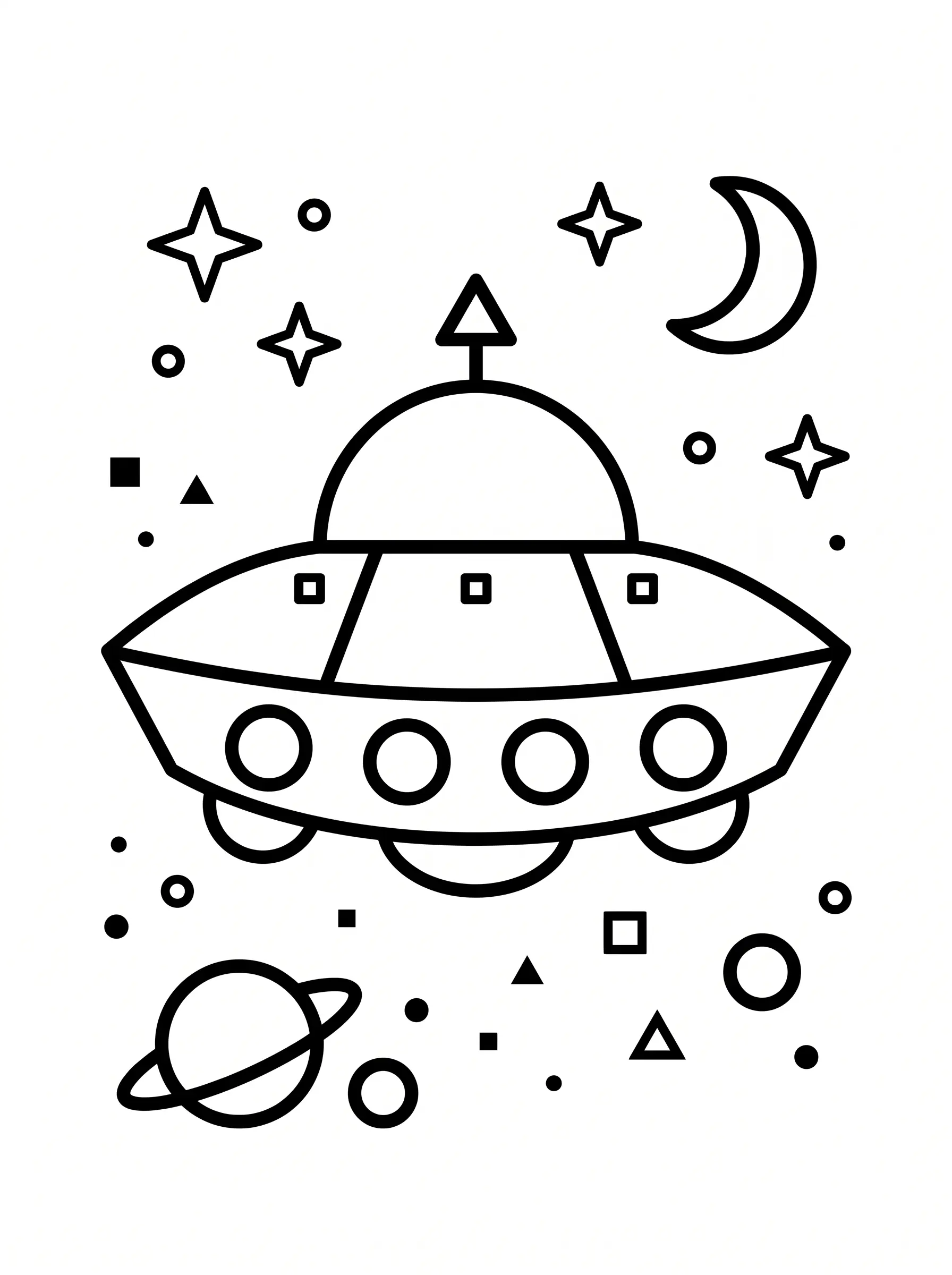 UFO coloring page made of geometric shapes for shape learning