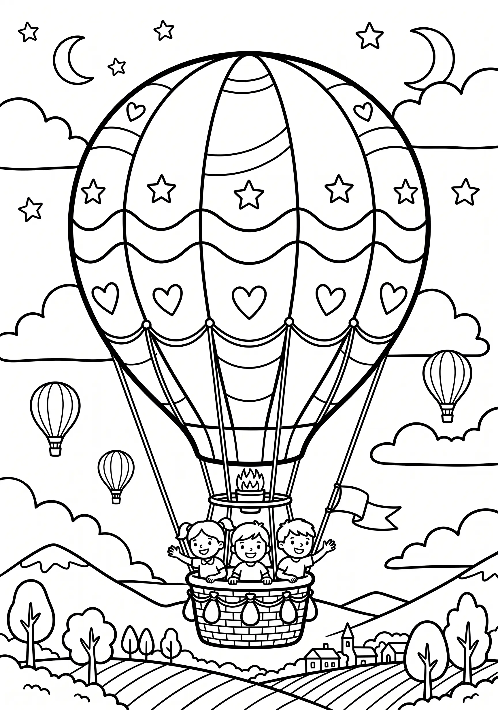 Free hot air balloon coloring page for kids ages 5–8