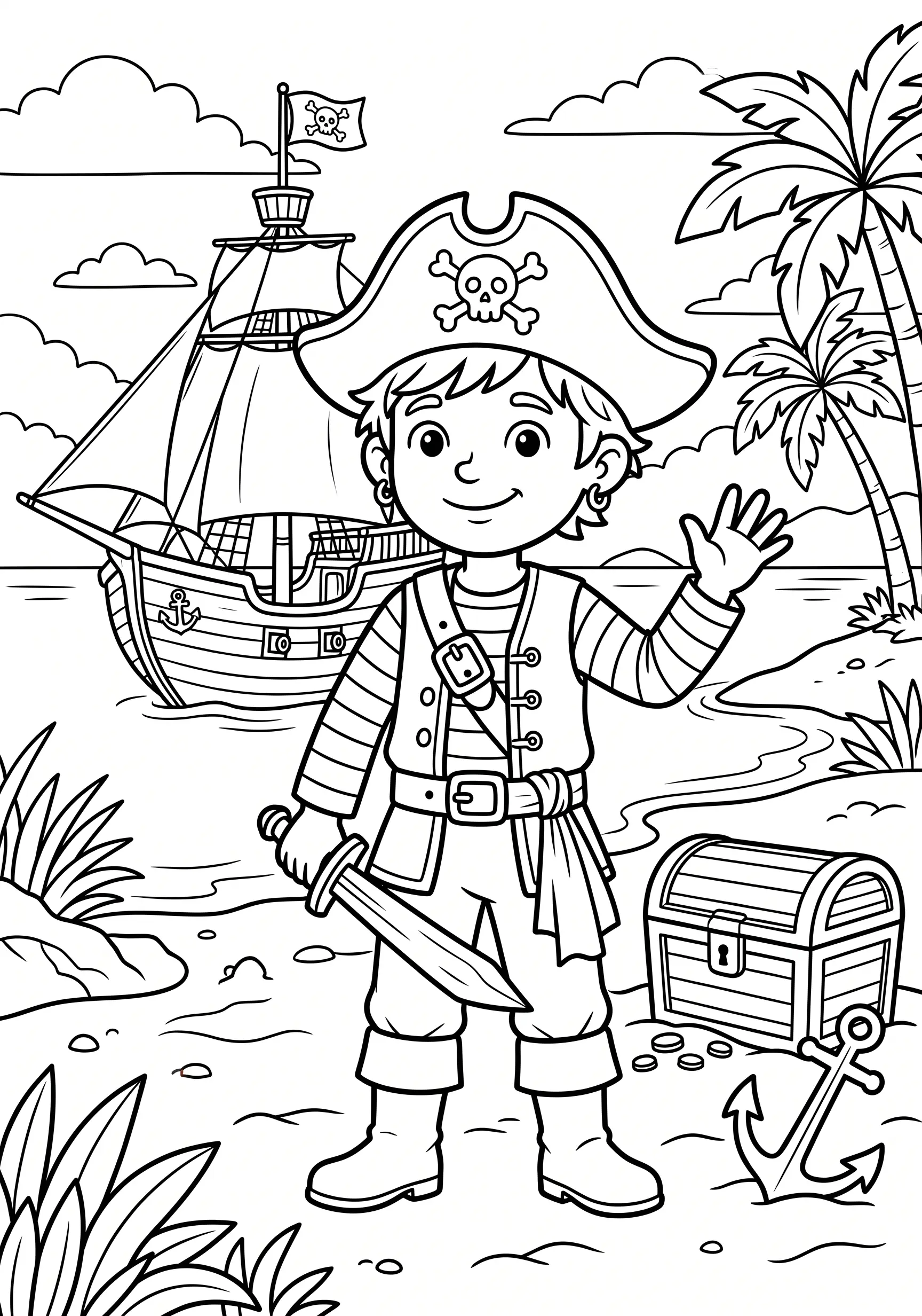 Pirat Ausmalbild kostenlos für Kinder 5-8 Jahre