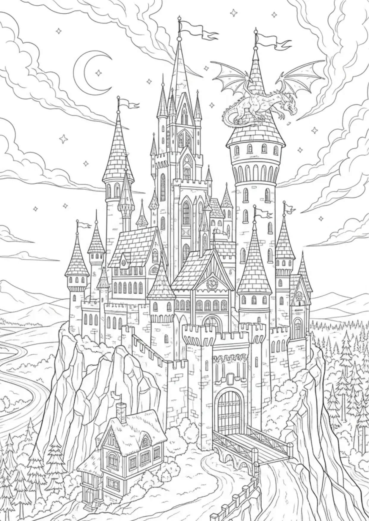 Schloss Ausmalbild für Fortgeschrittene