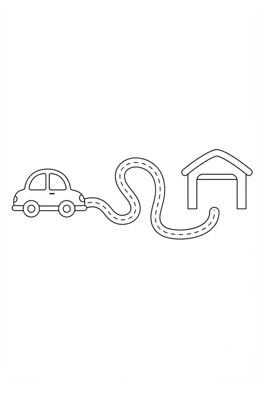 Schwungübung Auto zur Garage zum Nachfahren und Ausmalen