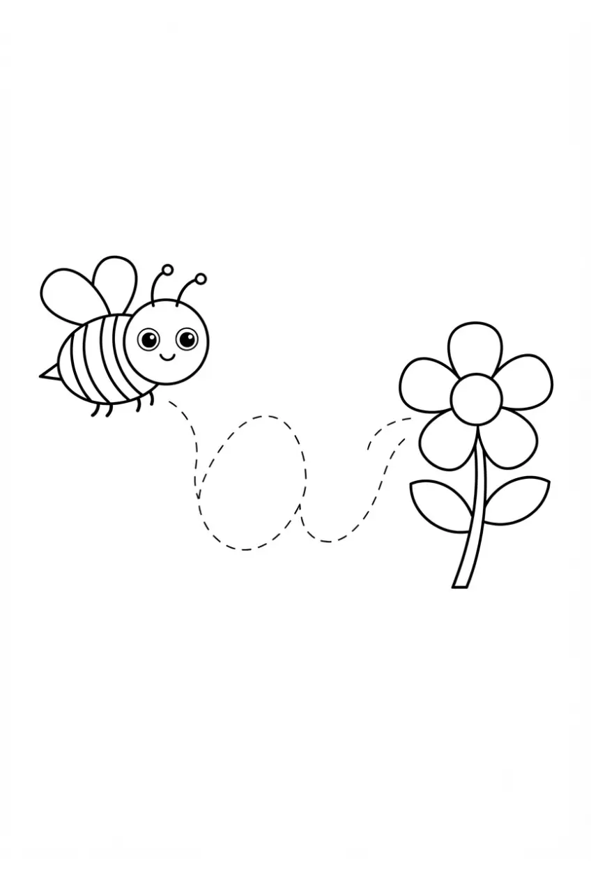 Bee to flower tracing worksheet for coloring and handwriting practice