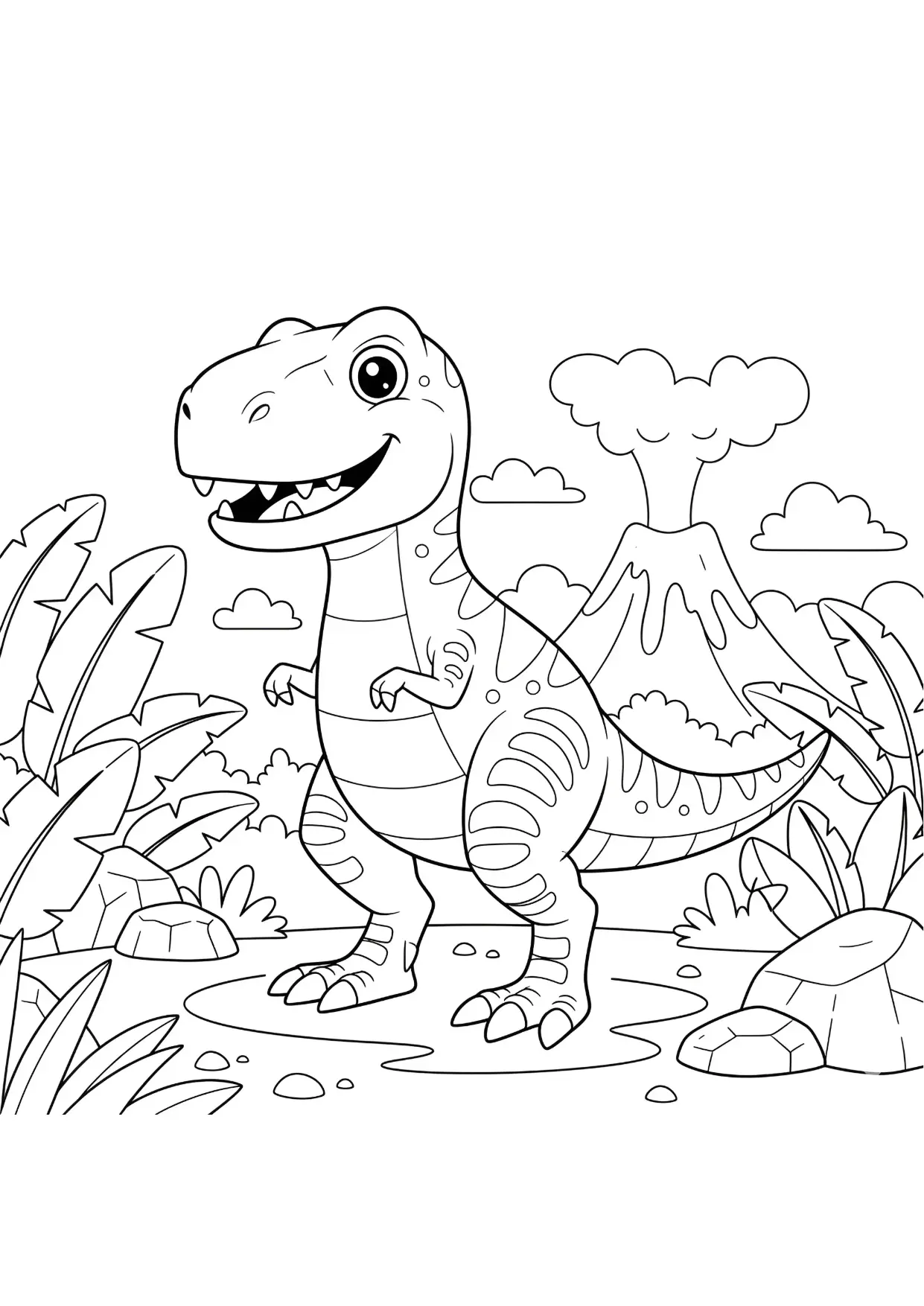 Detailliertes T-Rex Ausmalbild für Kinder im Alter von 5 bis 8 Jahren