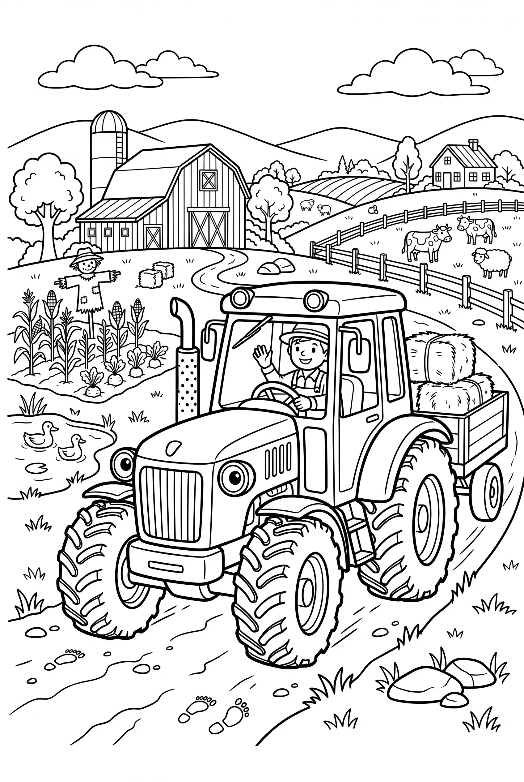 Traktor Ausmalbild kostenlos für Kinder 5-8 Jahre Fahrzeuge Bauernhof Malvorlage