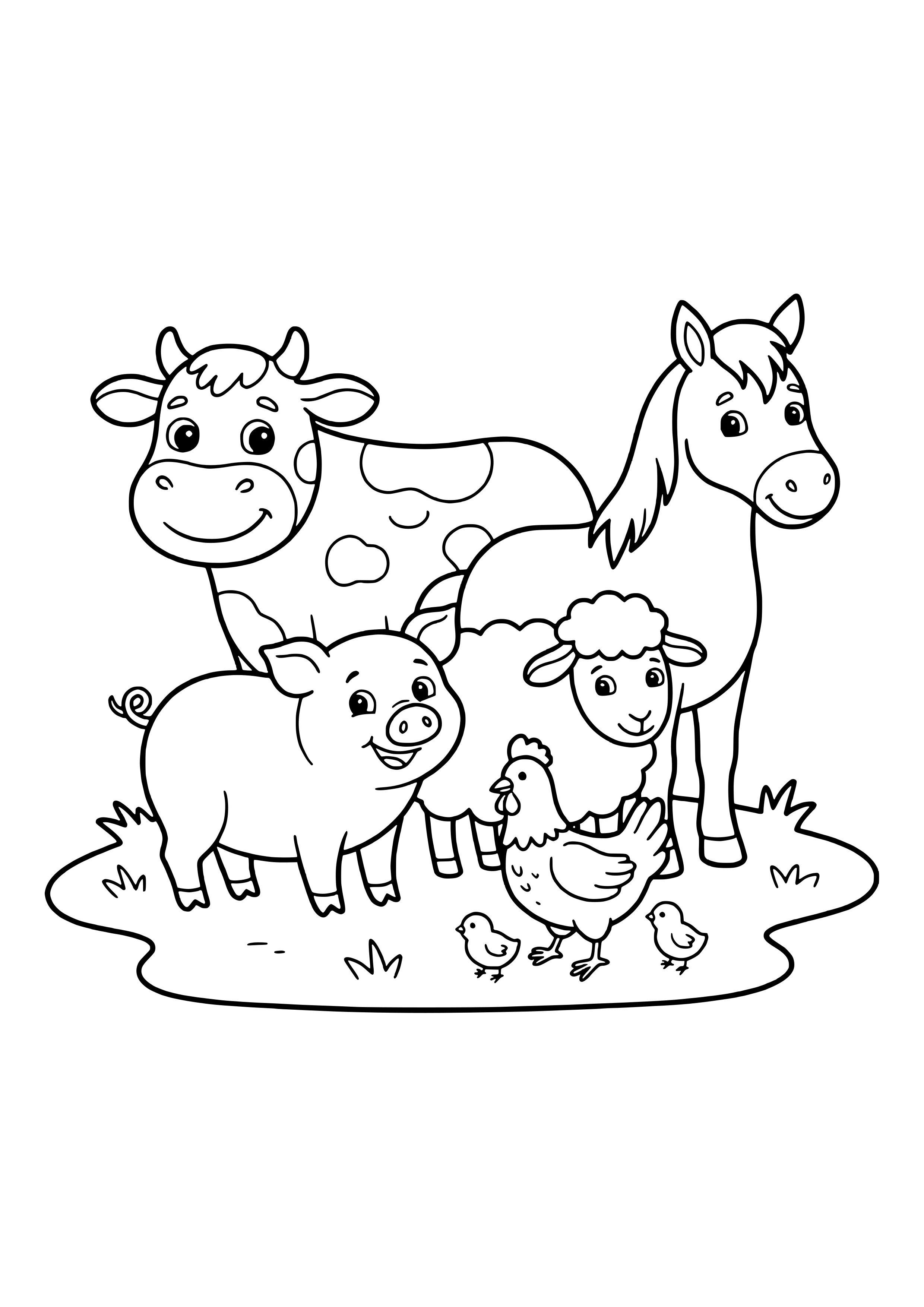 Smiling spotted cow, horse, pig with a curly tail, sheep, hen, and two chicks on a patch of grass – coloring page to print