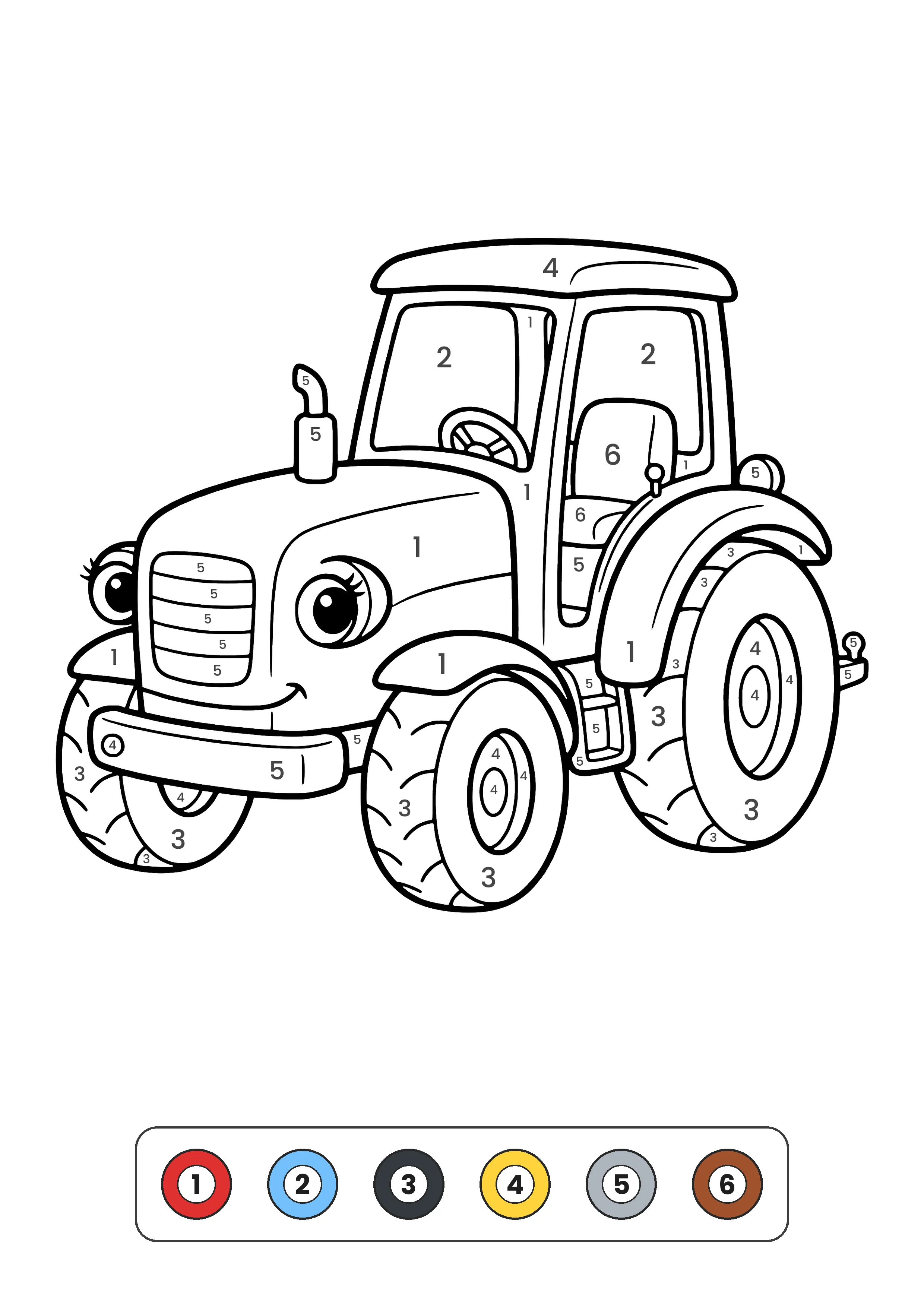 Smiling tractor with a cab, grille, exhaust pipe and big tires, with numbers 1 to 6 in the areas and a color key at the bottom – color by number page to print