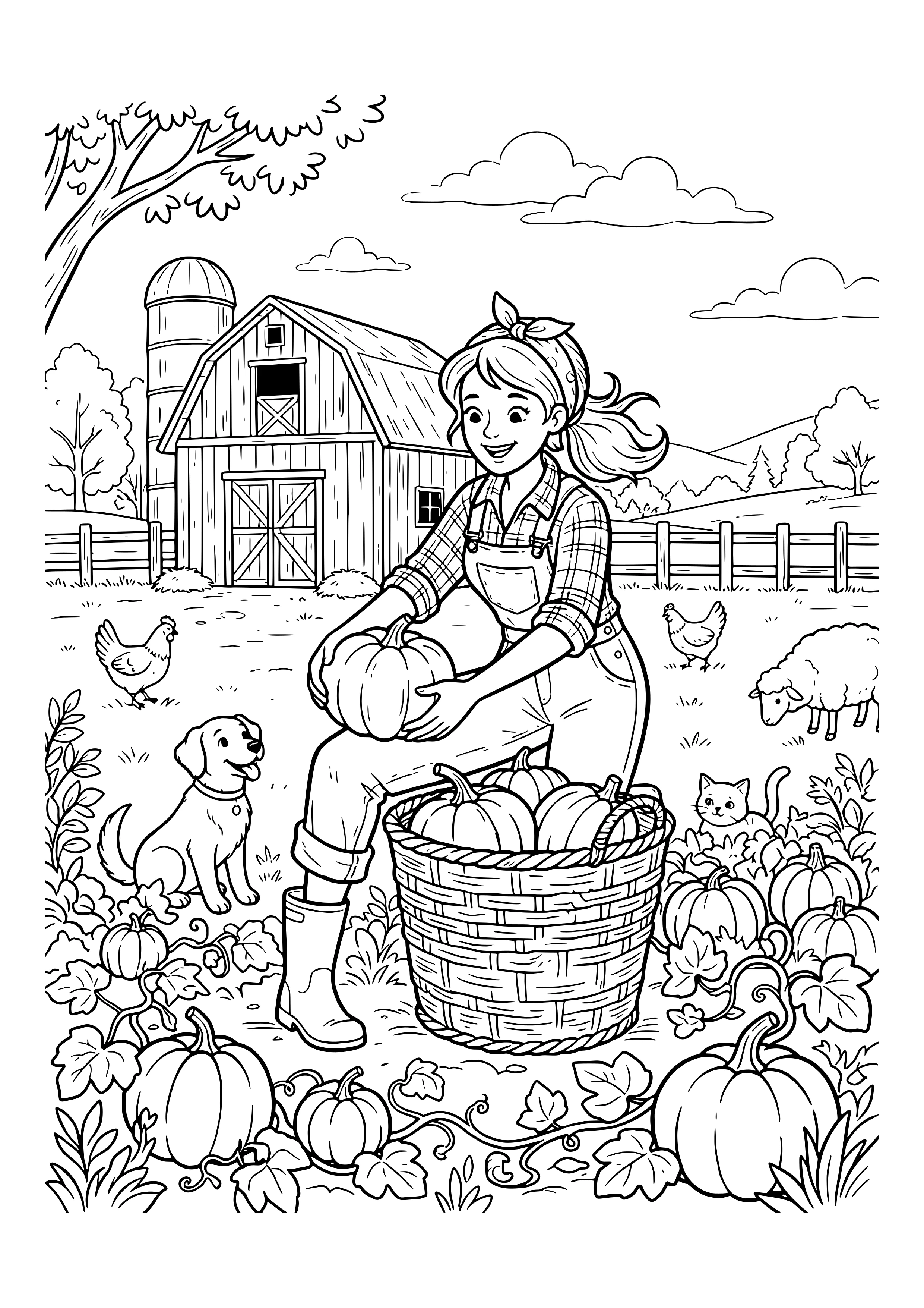 Farmer in a headband, plaid shirt and overalls putting a pumpkin in a basket in a pumpkin patch with vines, plus a dog, cat, chickens, sheep and barn – coloring page to print