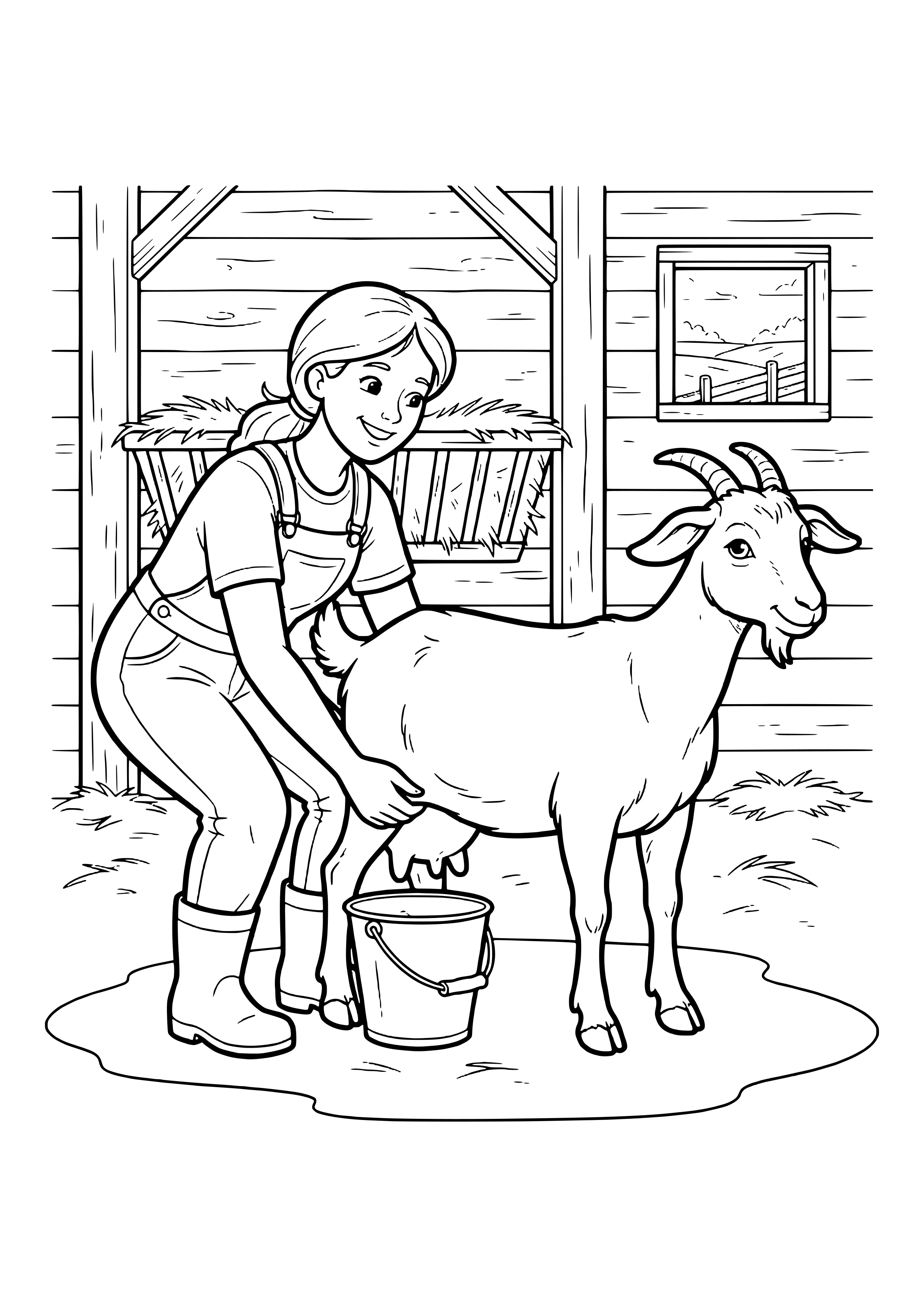 Farmer with a braid, overalls and rubber boots milking a horned, bearded goat into a pail in a wooden barn with a hay rack and window – coloring page to print