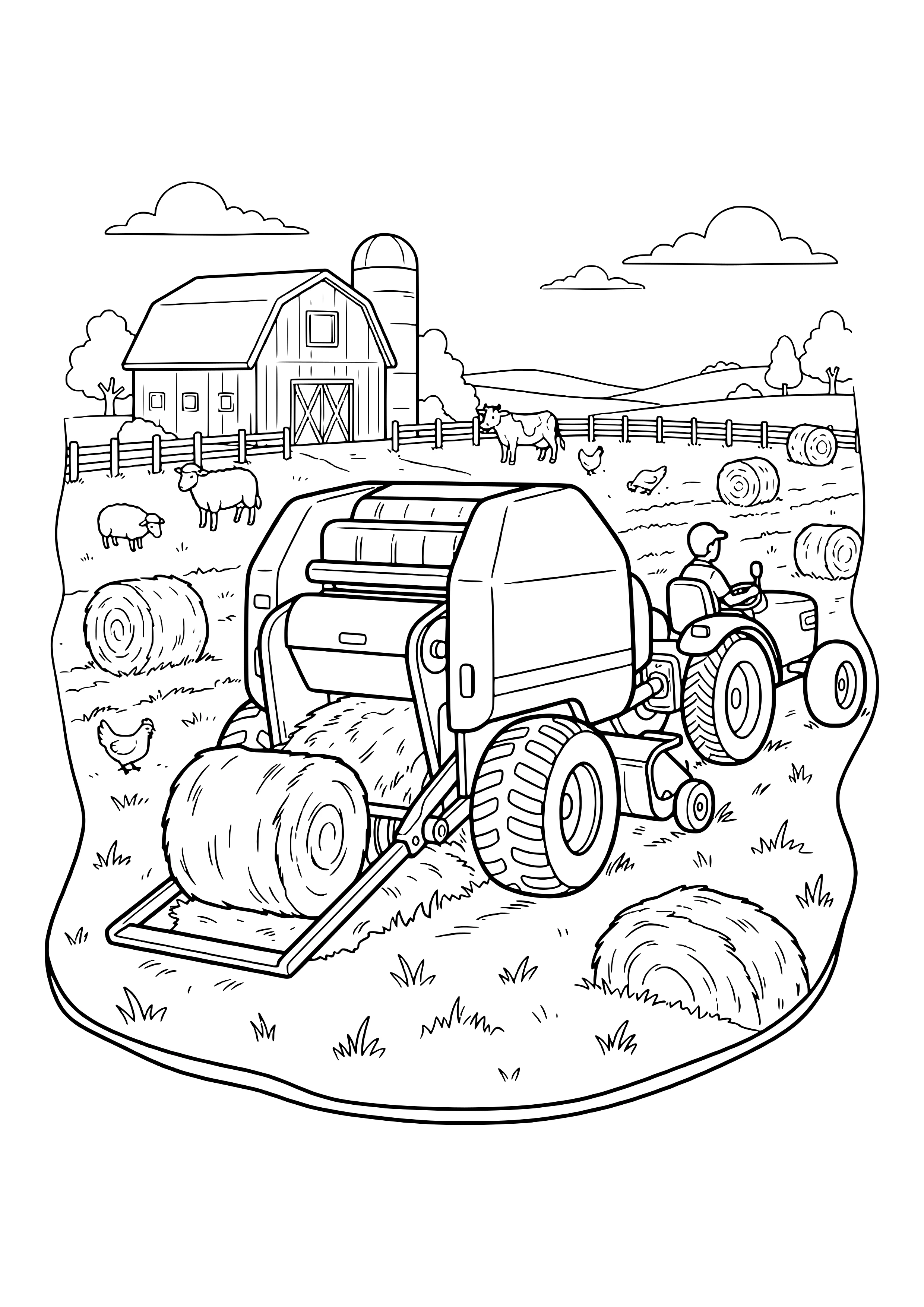 Traktor mit Fahrer zieht eine Rundballenpresse, aus der ein Heuballen rollt, ringsum Ballen, Schafe, Kuh, Hühner, Scheune und Silo – Ausmalbild zum Ausdrucken