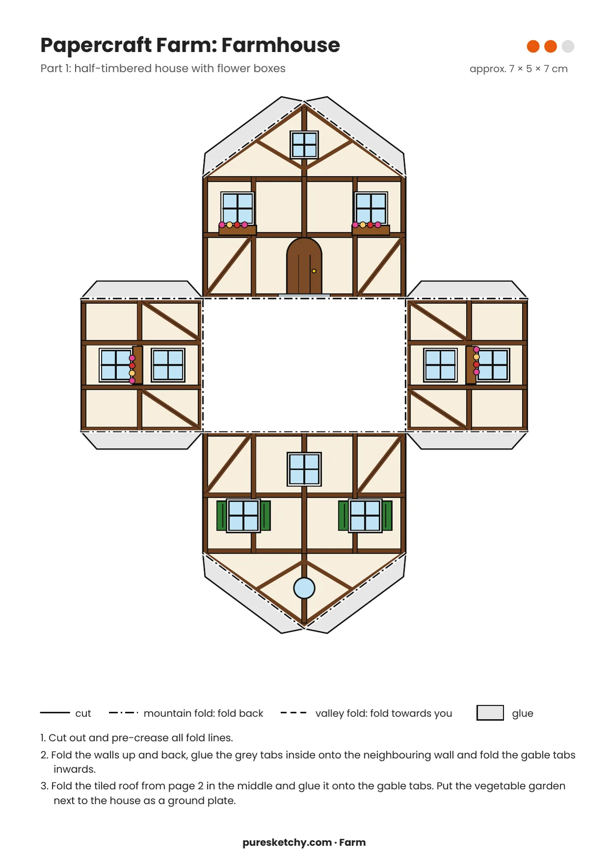 Fold-up net of a half-timbered farmhouse with a wooden door, flower boxes, and green shutters, with glue tabs, printable
