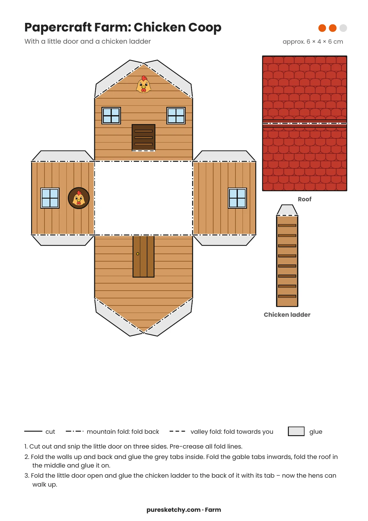 Fold-up net of a wooden chicken coop with a small door, windows, and chicken pictures, plus a tile roof and a ladder, printable
