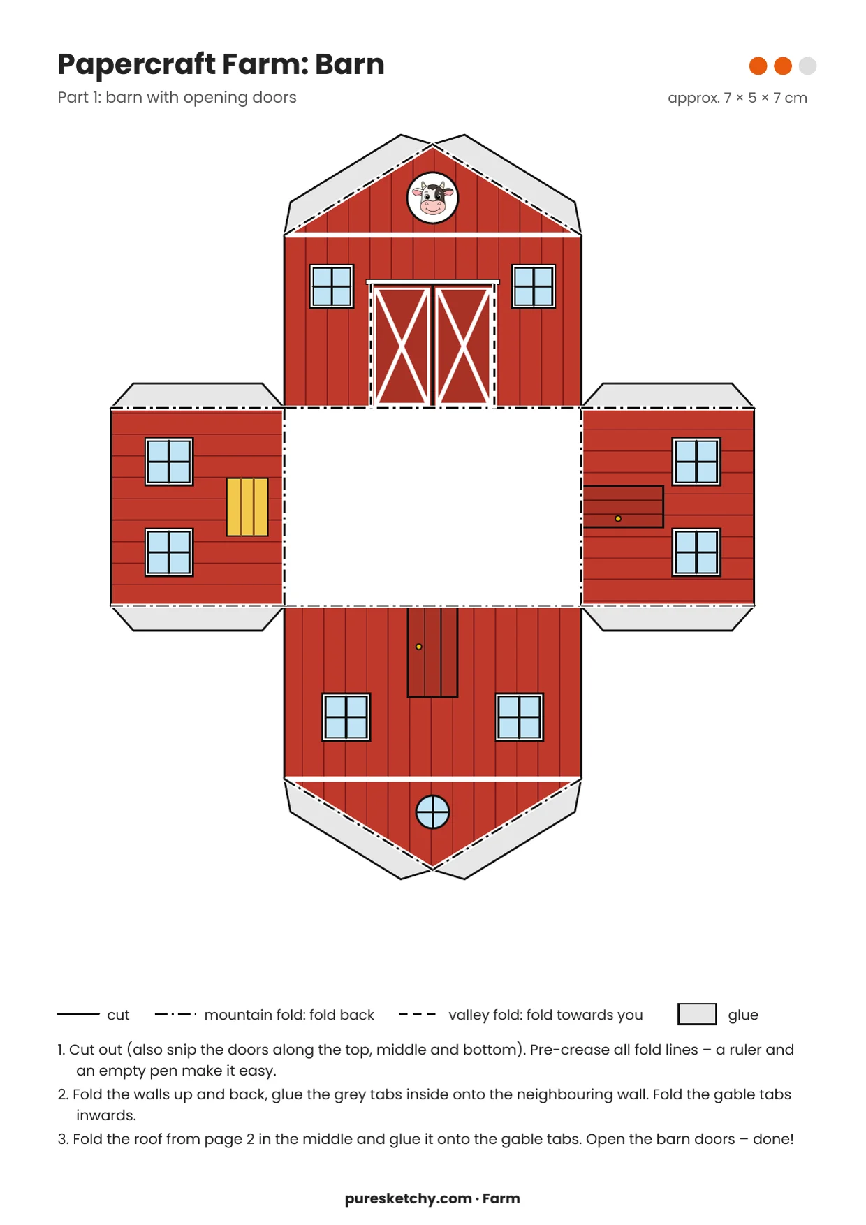 Fold-up net of a red barn with double doors, windows, and a cow sign in the gable, with fold lines and glue tabs, printable