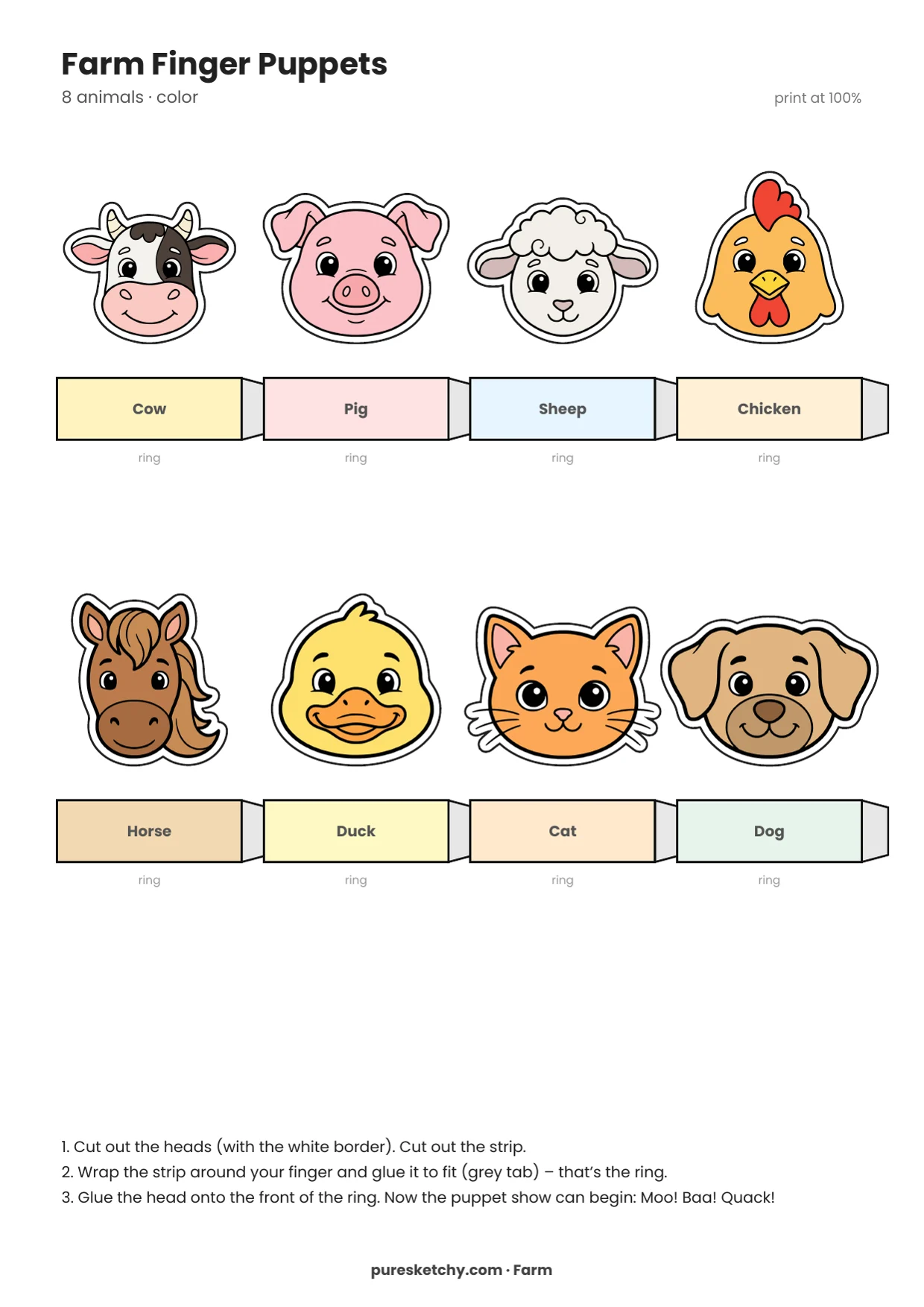 Eight colorful animal heads – cow, pig, sheep, chicken, horse, duck, cat, and dog – with paper strips for finger puppets, printable