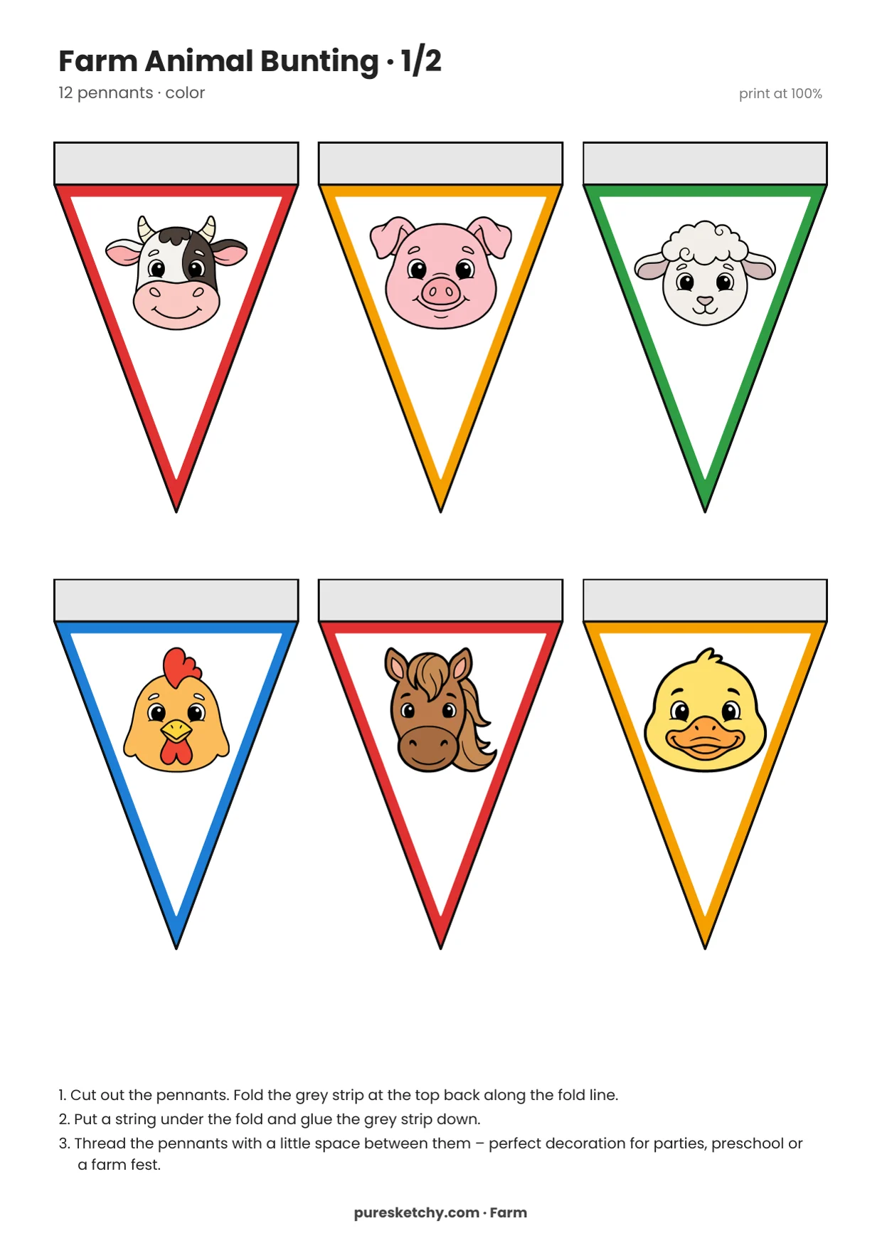 Six triangle pennants with colorful borders and the heads of a cow, pig, sheep, chicken, horse, and duck, printable