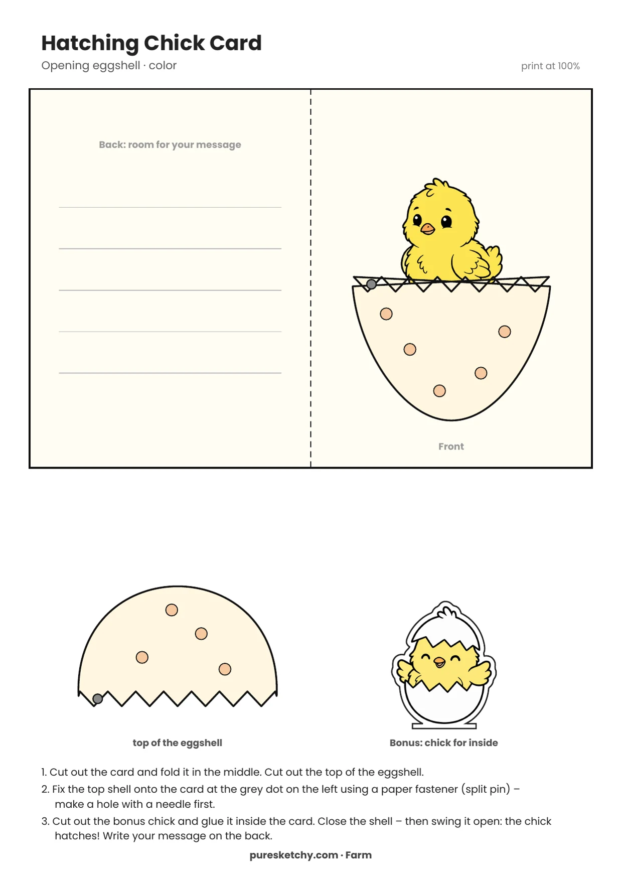 Fold-over card with a yellow chick sitting in a spotted eggshell, lines for a message, and the top eggshell to cut out, printable