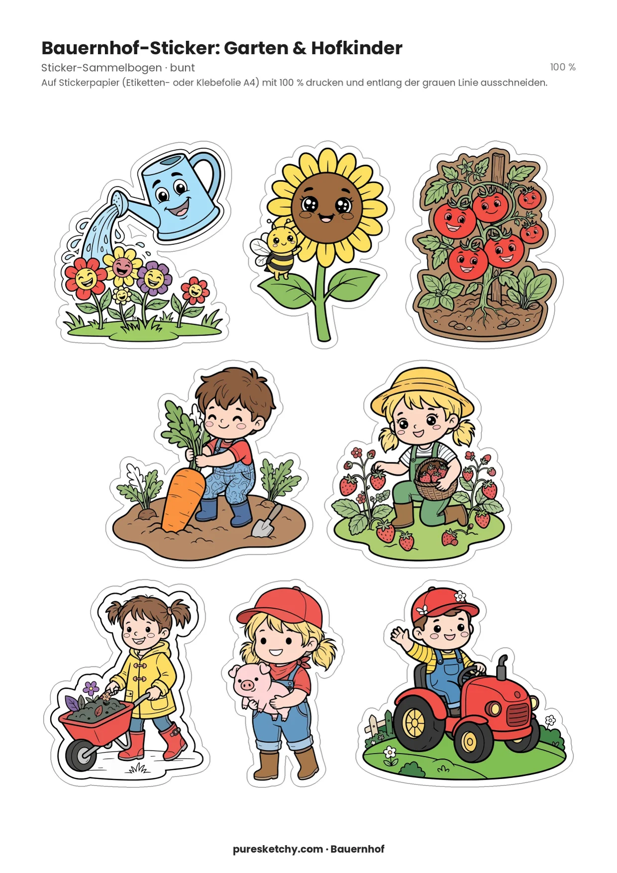 Stickerbogen mit 8 bunten Garten-Stickern: Gießkanne, Sonnenblume mit Biene, Tomaten und Kinder bei der Ernte, mit Ferkel und auf dem Traktor