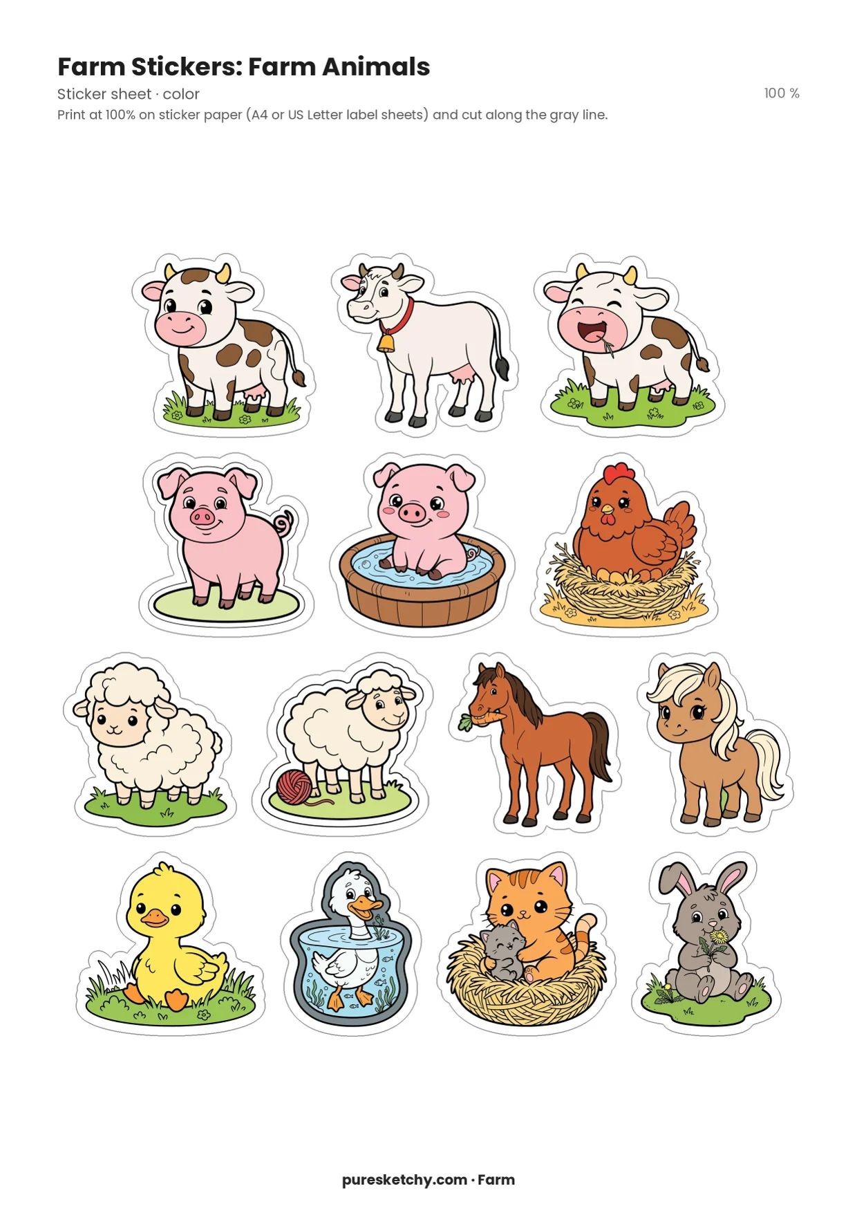 Sticker sheet with 14 colorful farm animals: cows, pigs, a hen, sheep, a horse, a pony, a duck, a cat and a rabbit with a white border and gray cut line
