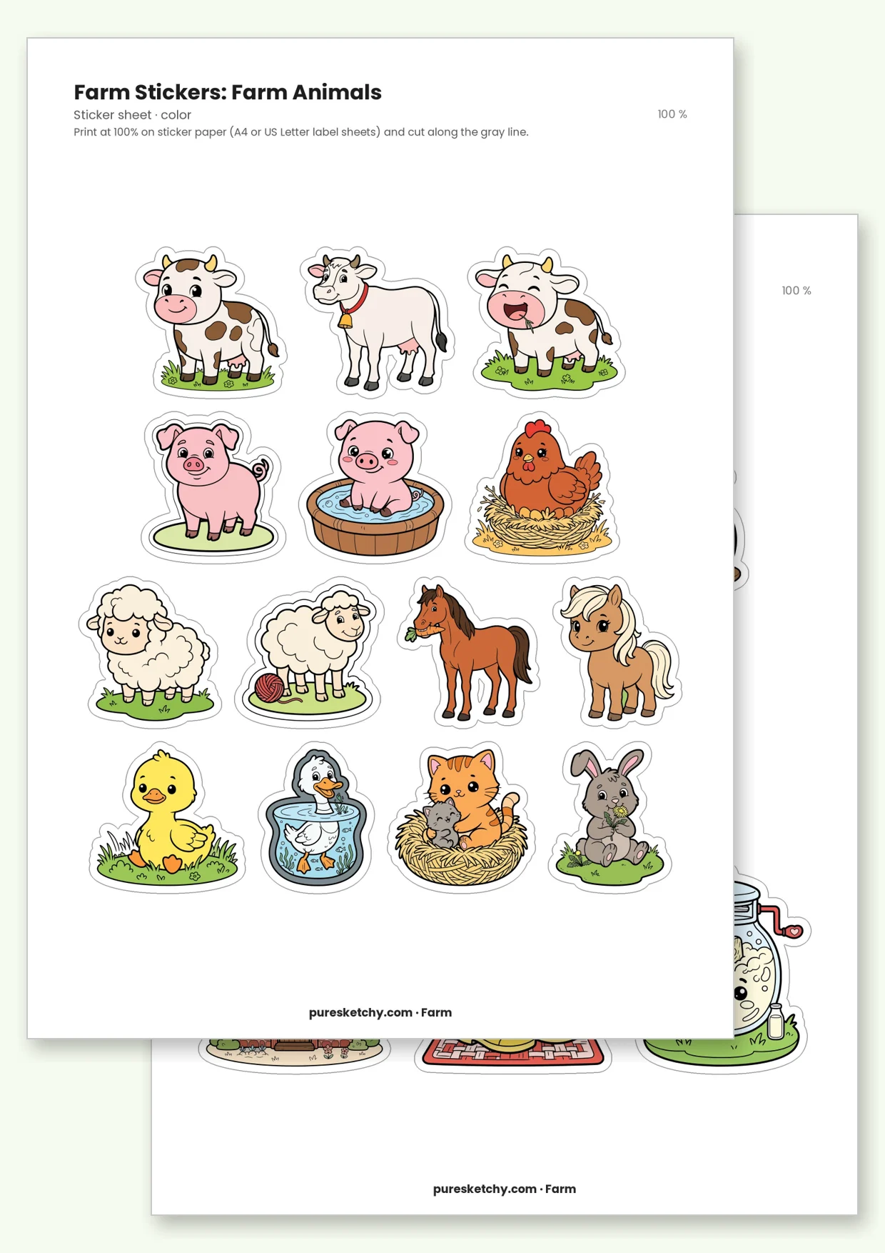 Four sticker sheets with colorful farm designs: cows, pigs, chicks, tractors, a sunflower and kids in the garden, each with a white border and gray cut line