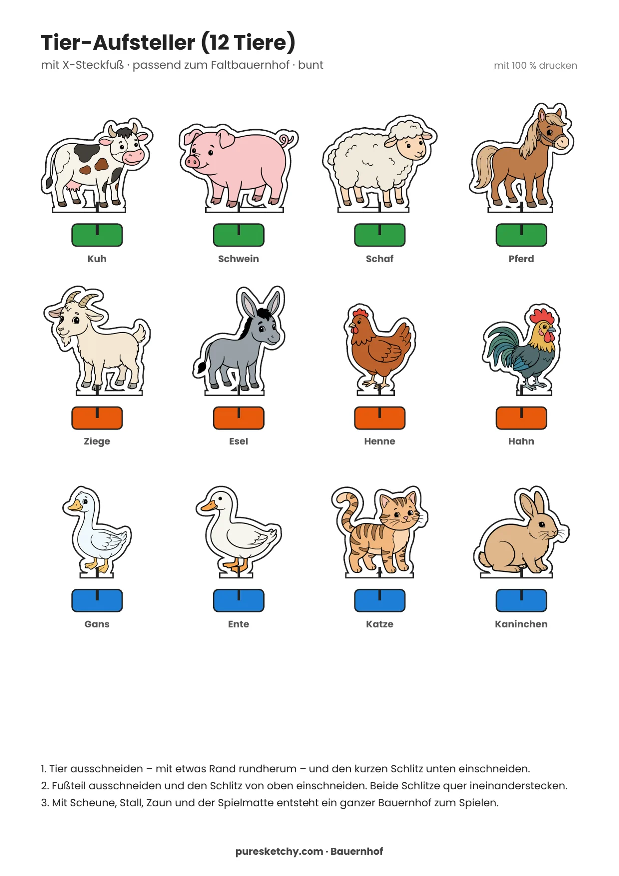 Zwölf bunte Bauernhoftiere zum Aufstellen mit farbigen Fußteilen, von Kuh und Schwein bis Katze und Kaninchen, zum Ausdrucken