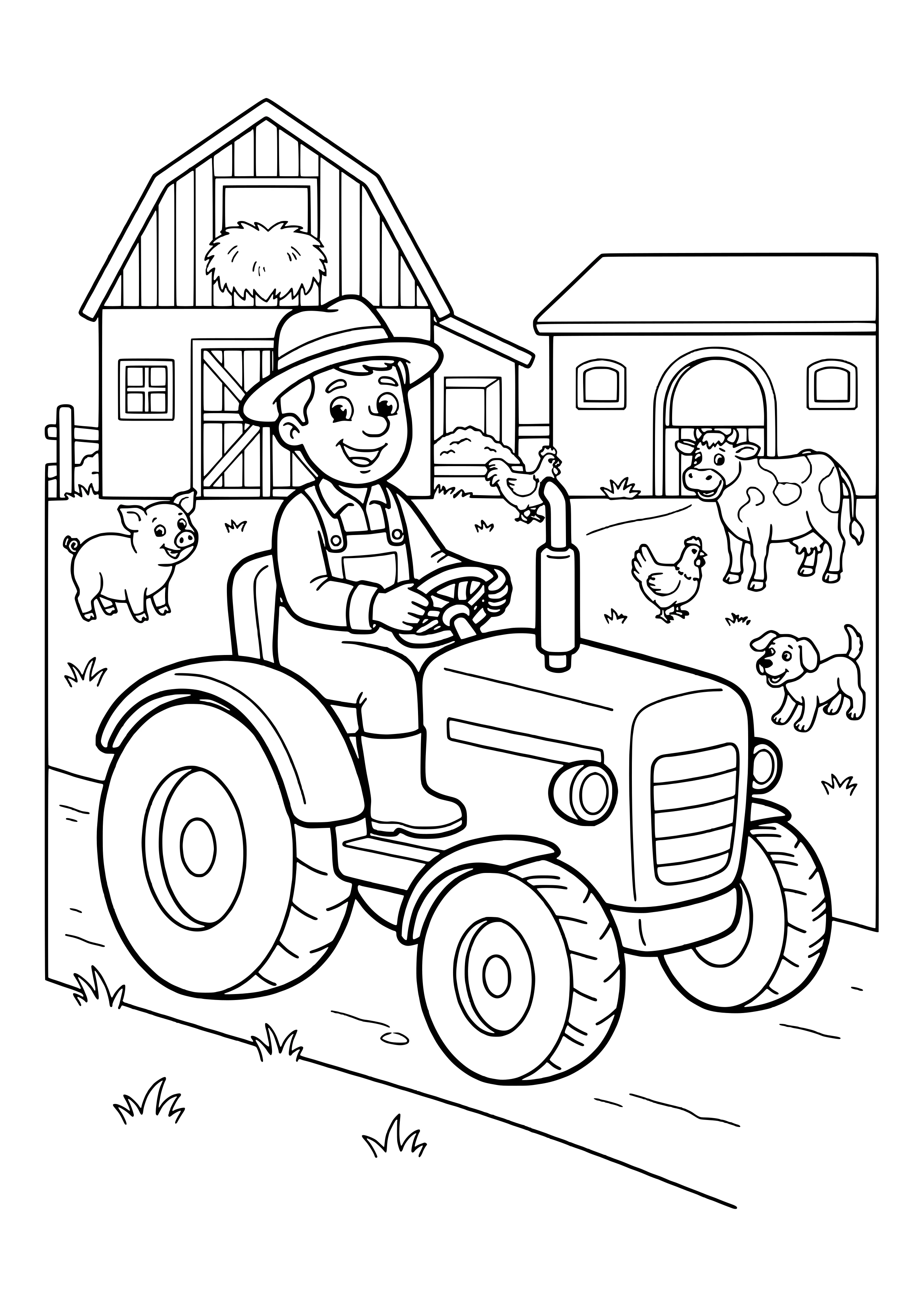 Smiling farmer in a hat and overalls at the wheel of a tractor, with a barn with hay, a stable, a pig, a rooster, a hen, a spotted cow and a puppy behind – coloring page to print