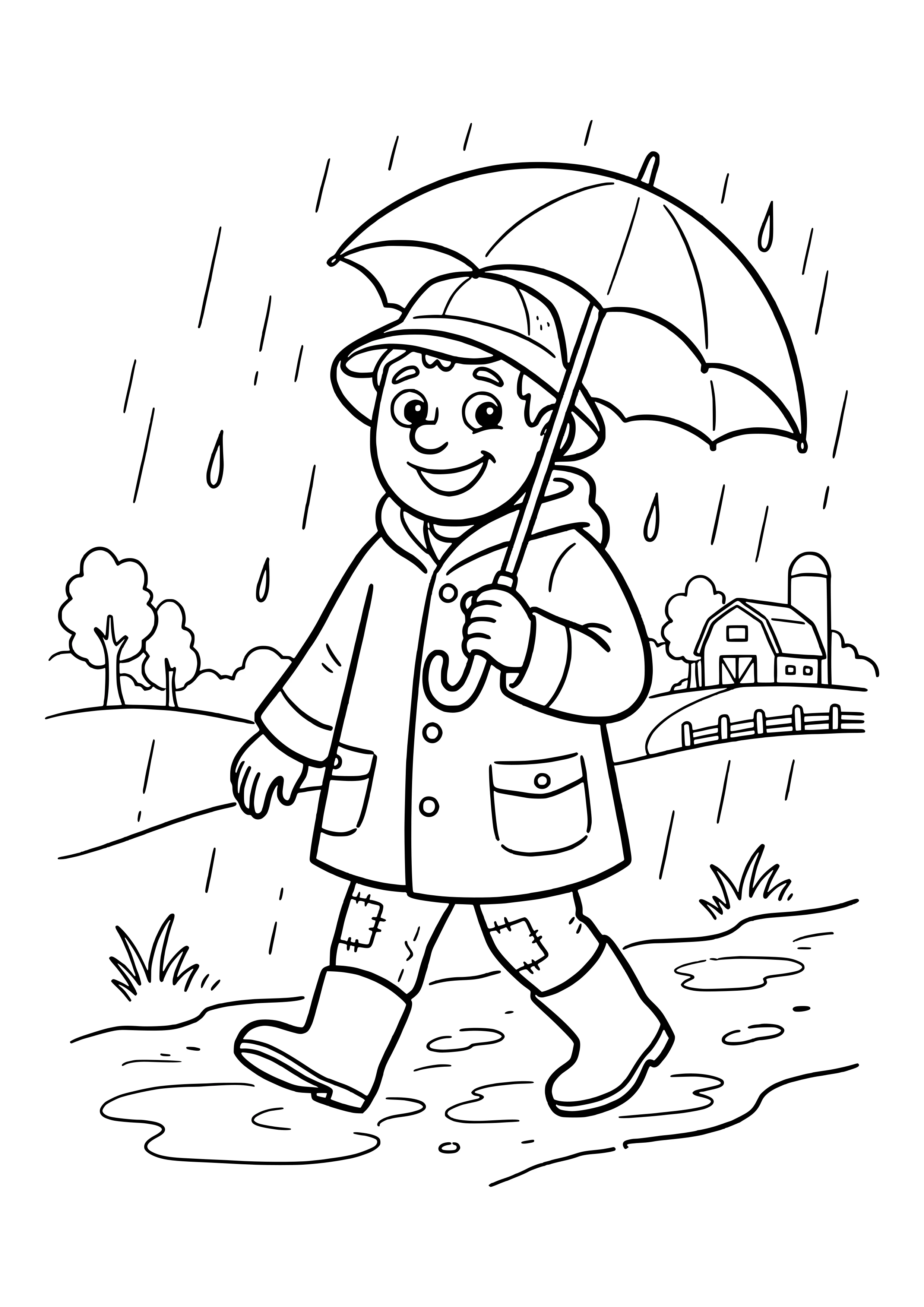 Smiling farmer in a rain hat, raincoat and rubber boots holding an umbrella and walking through puddles, with trees, a barn and a silo in the rain – coloring page to print