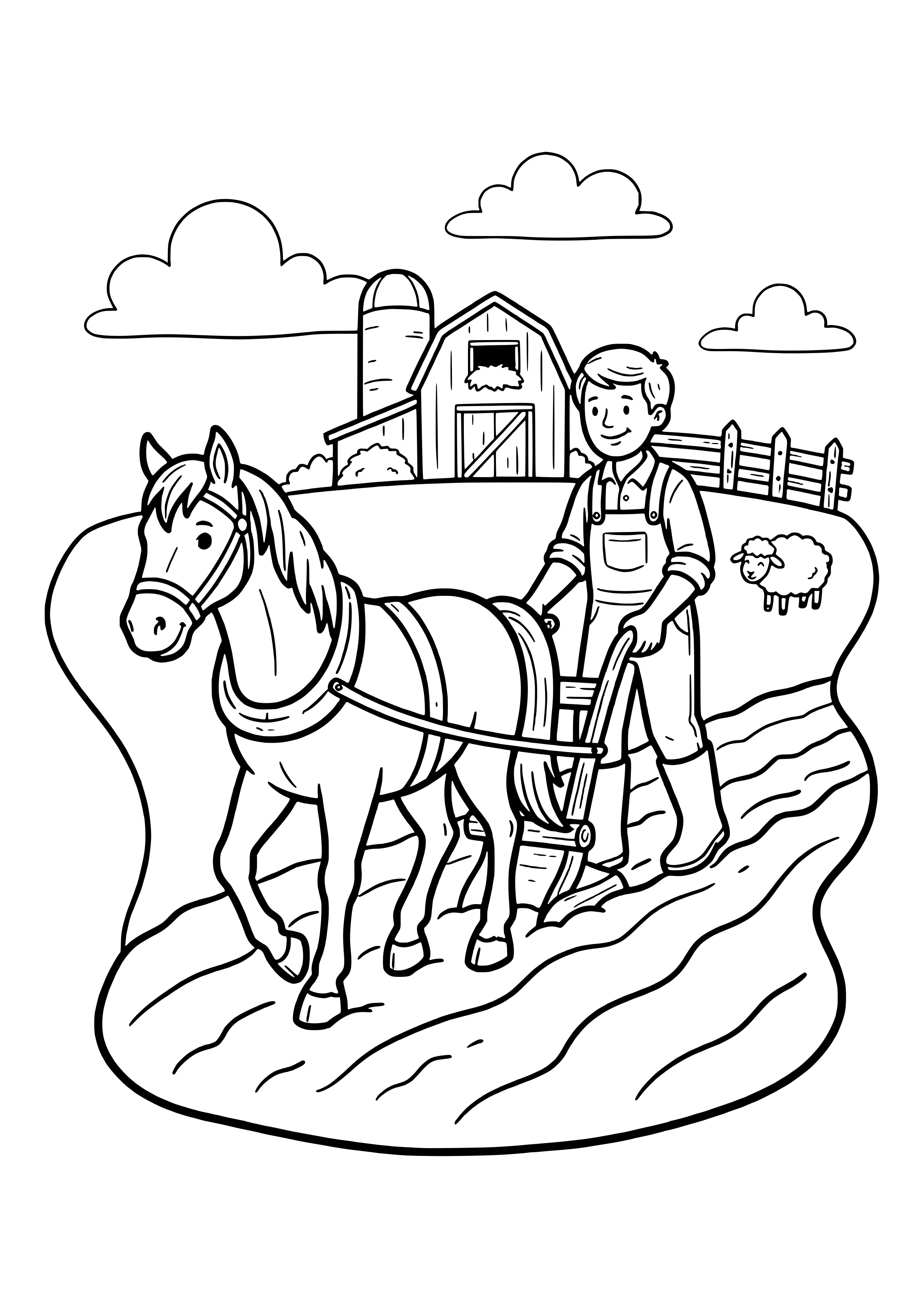 Pferd mit Kummet und Geschirr zieht einen Pflug durch Ackerfurchen, Bauer in Latzhose hält die Pfluggriffe, im Hintergrund Scheune, Silo und Schaf – Ausmalbild zum Ausdrucken