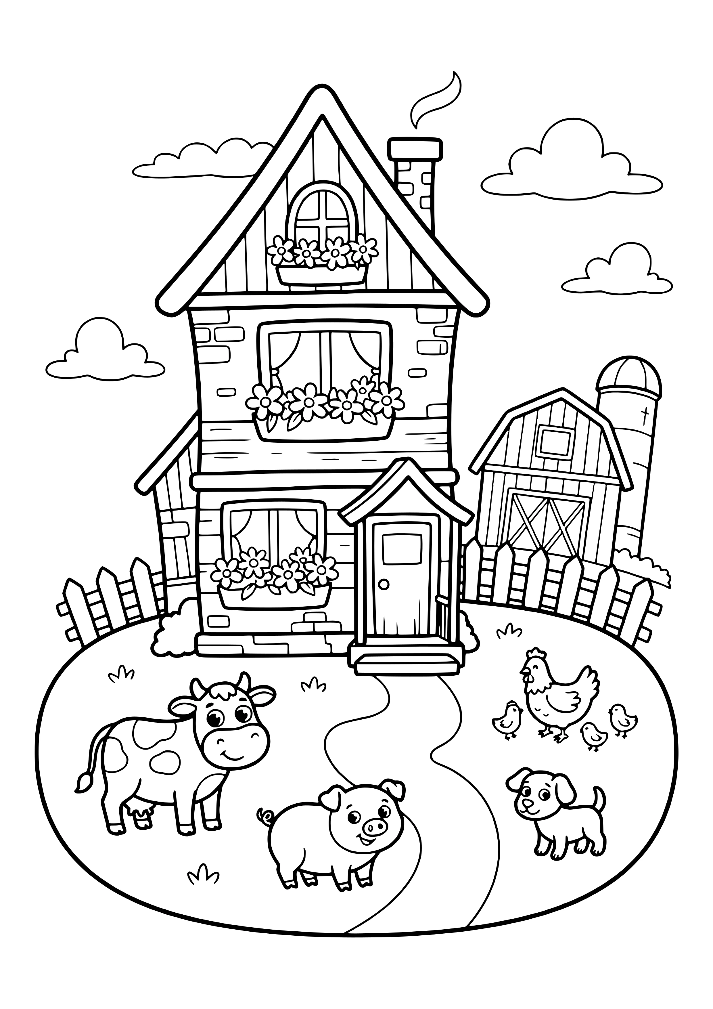 Farmhouse with window boxes on three windows, a smoking chimney, a barn with a silo, a fence and a path, with a cow, a pig, a hen with chicks and a puppy in front – coloring page to print