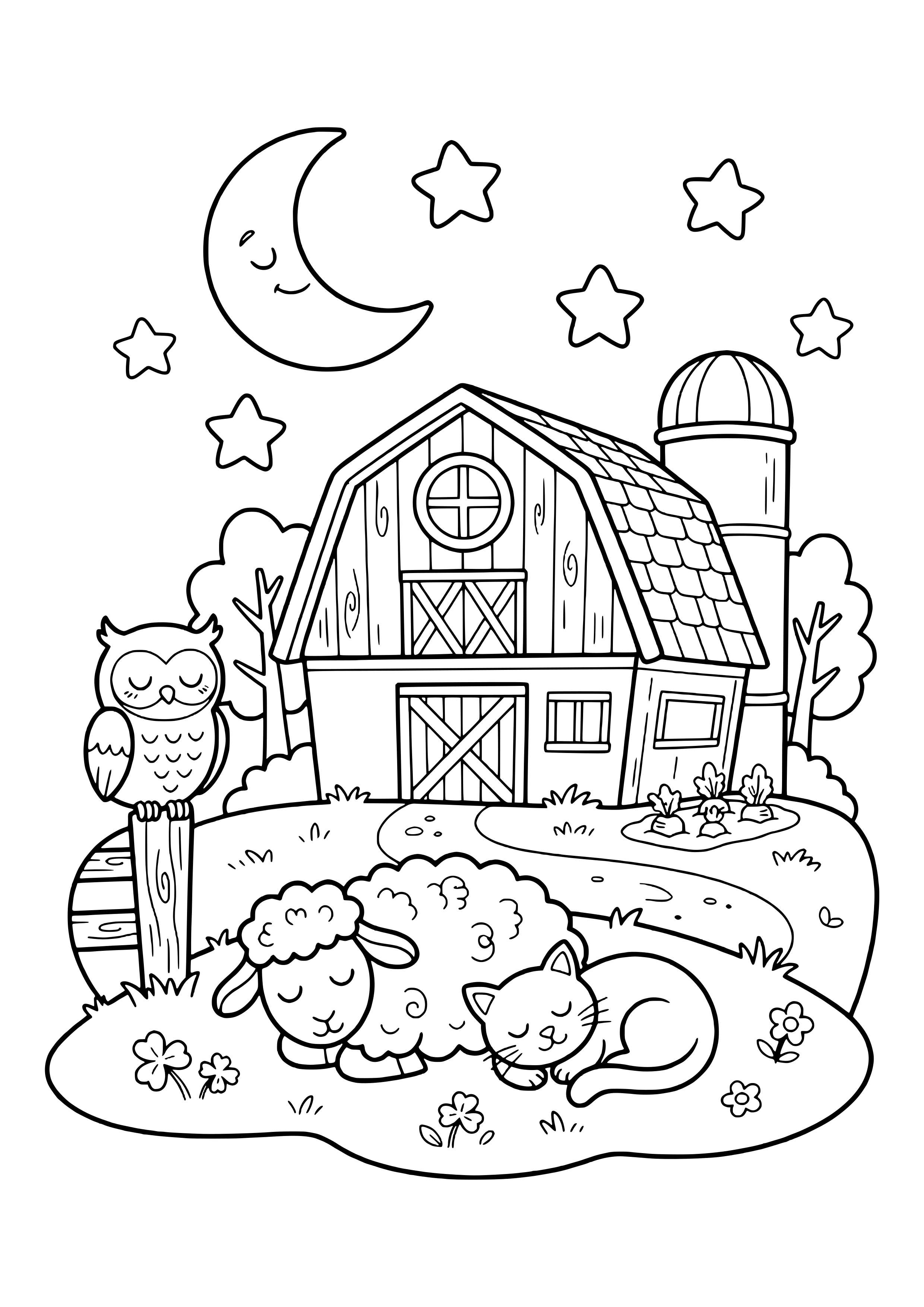 Schlafendes Schaf und zusammengerollte Katze vor einer Scheune mit Silo, eine Eule auf dem Zaunpfosten, Gemüsebeet, Kleeblätter, Mondsichel mit Gesicht und Sterne – Ausmalbild zum Ausdrucken