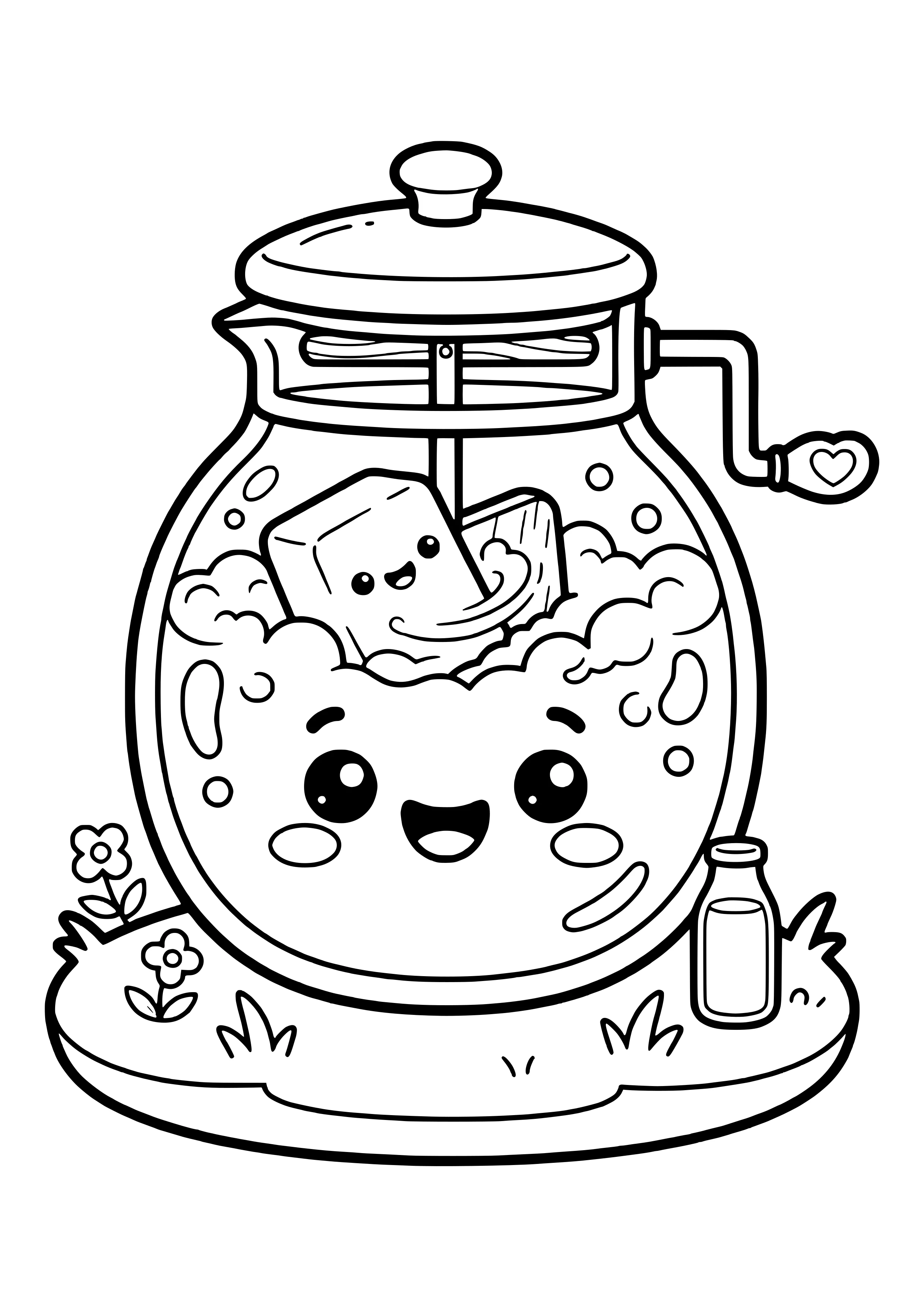 Smiling glass butter churn with a lid and a crank with a heart handle, filled with foamy cream and two pieces of butter, one with a face, beside a small milk bottle with grass and flowers – coloring page to print