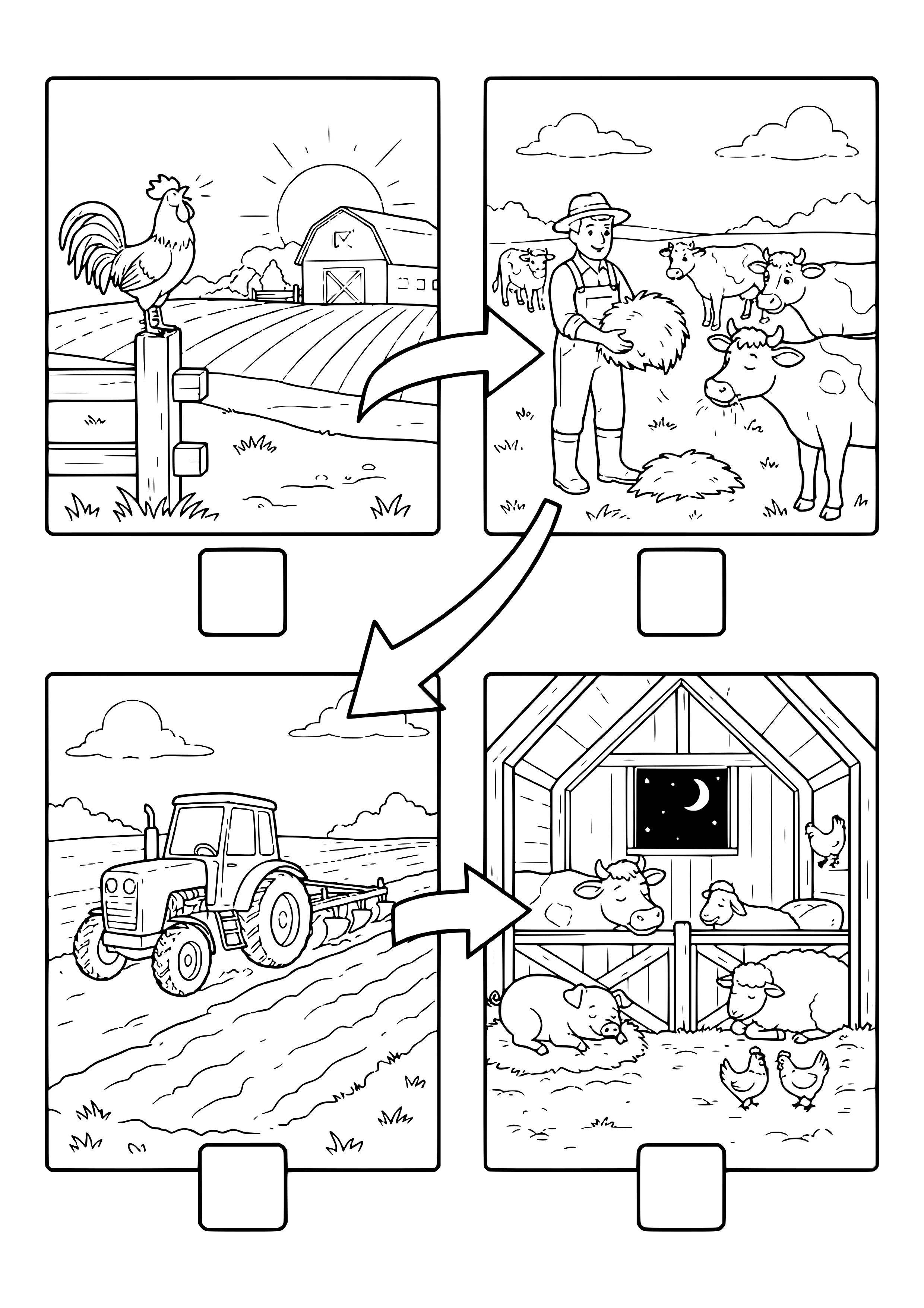 Four panels with arrows: rooster on a fence post at sunrise, farmer feeding hay to cows, tractor plowing a field, cow, pig, sheep and chickens sleeping in the barn at night – coloring page to print