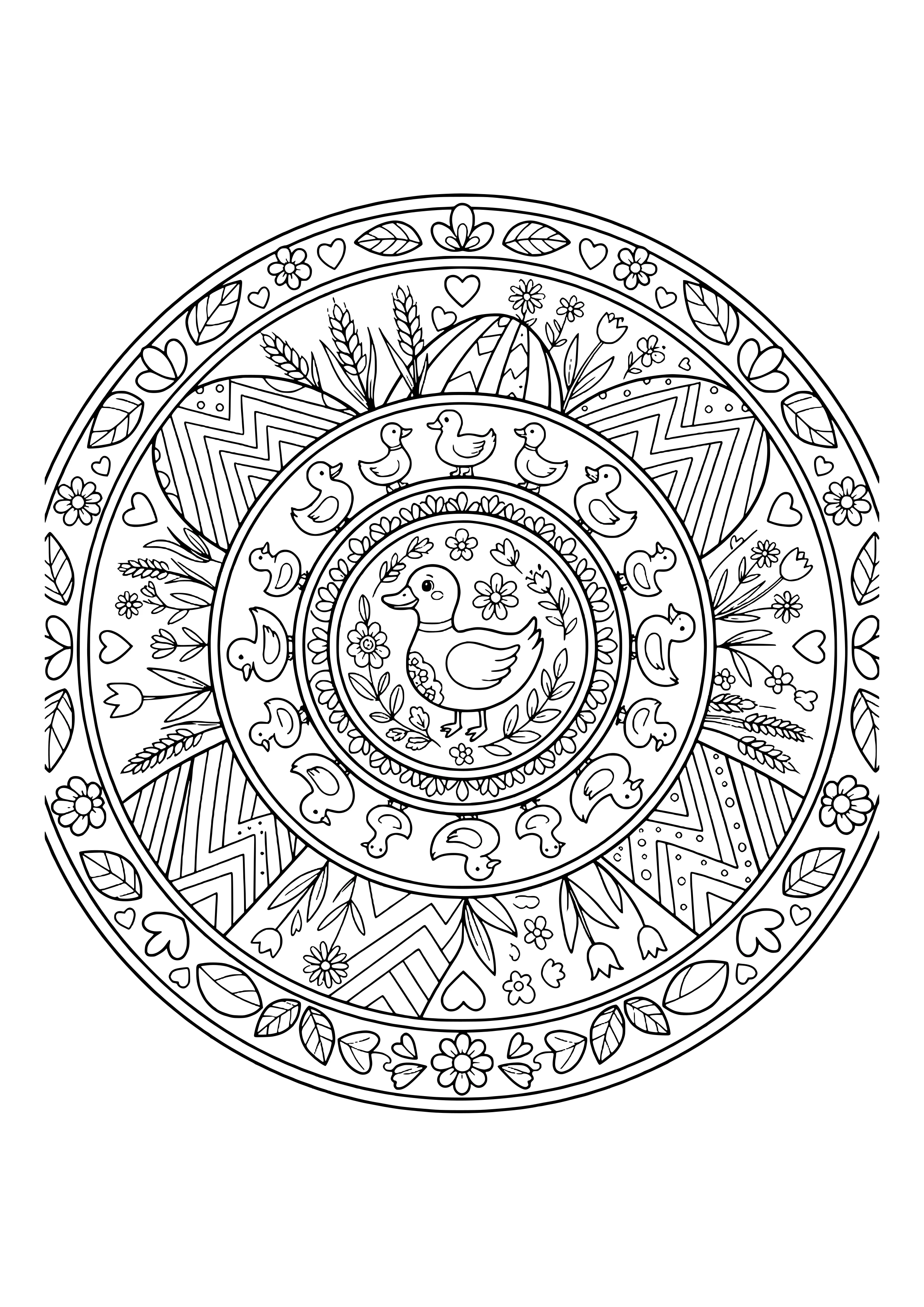 Rundes Enten-Mandala mit Ente in der Mitte, Kreis aus Entenküken, gemusterten Ostereiern, Ähren, Tulpen, Herzen und Blätterrand – Ausmalbild zum Ausdrucken