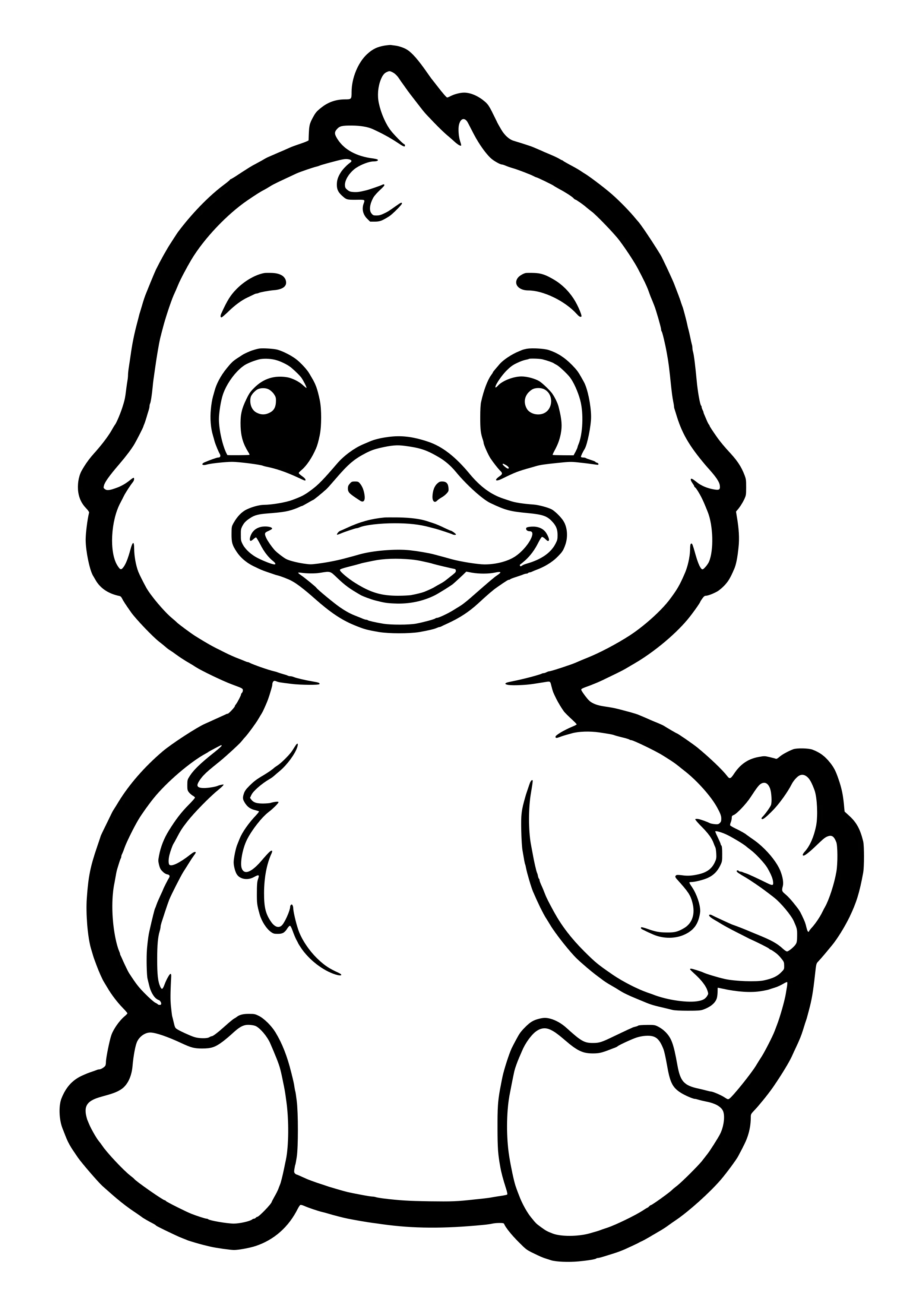 Sitting duckling with a wide smiling bill, a head tuft, a wing and big webbed feet with a thick outline – coloring page to print