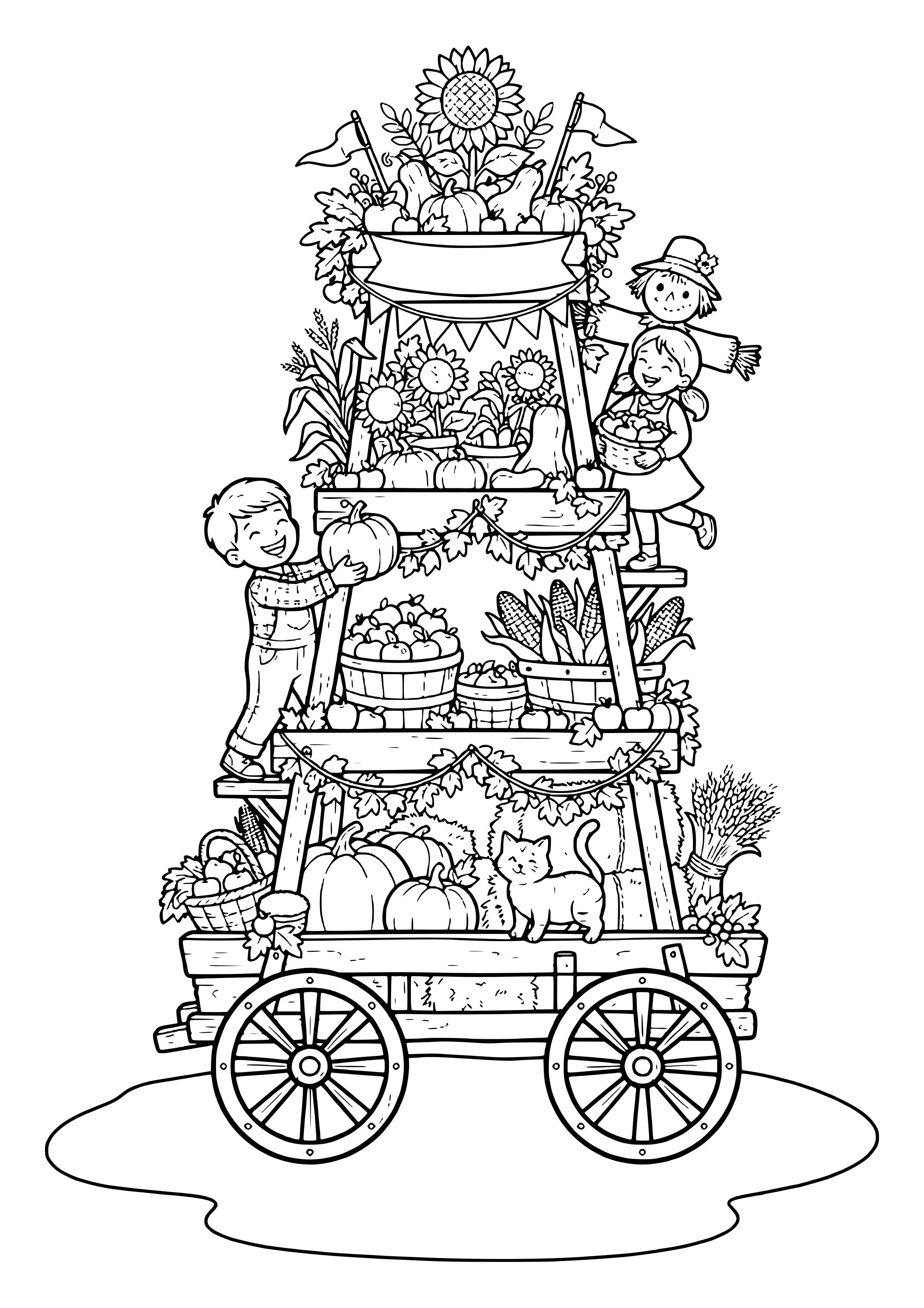 Multi-level wooden harvest wagon with pumpkins, apples, corn, sunflowers, bunting and leafy garlands, a boy holding a pumpkin, a girl with an apple basket and a cat – coloring page to print