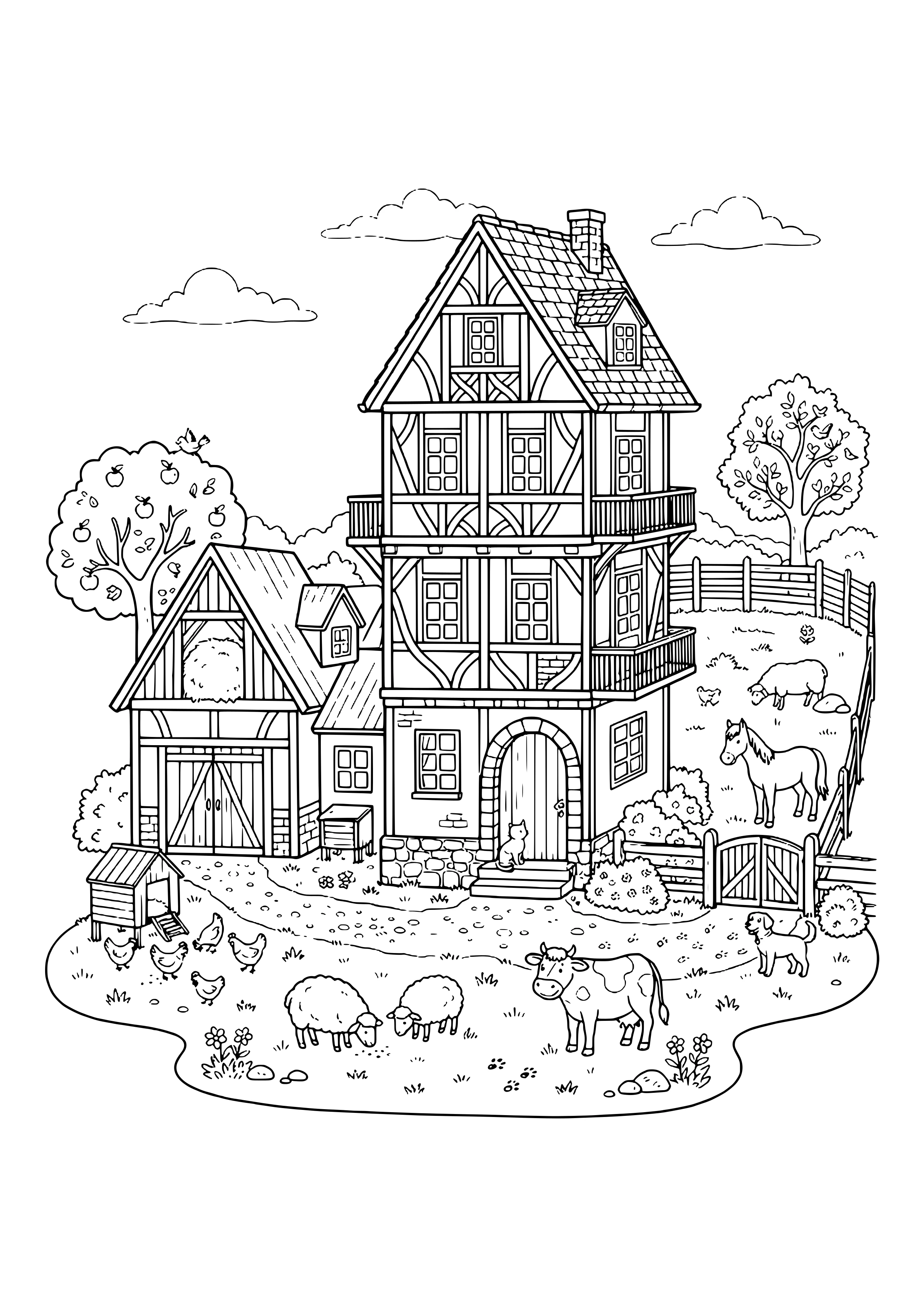 Hohes Fachwerk-Bauernhaus mit Balkonen und Rundbogentür, angebauter Scheune, Hühnerstall, Hühnern, Schafen, Kuh, Pferd, Hund, Katze und Apfelbaum – Ausmalbild zum Ausdrucken