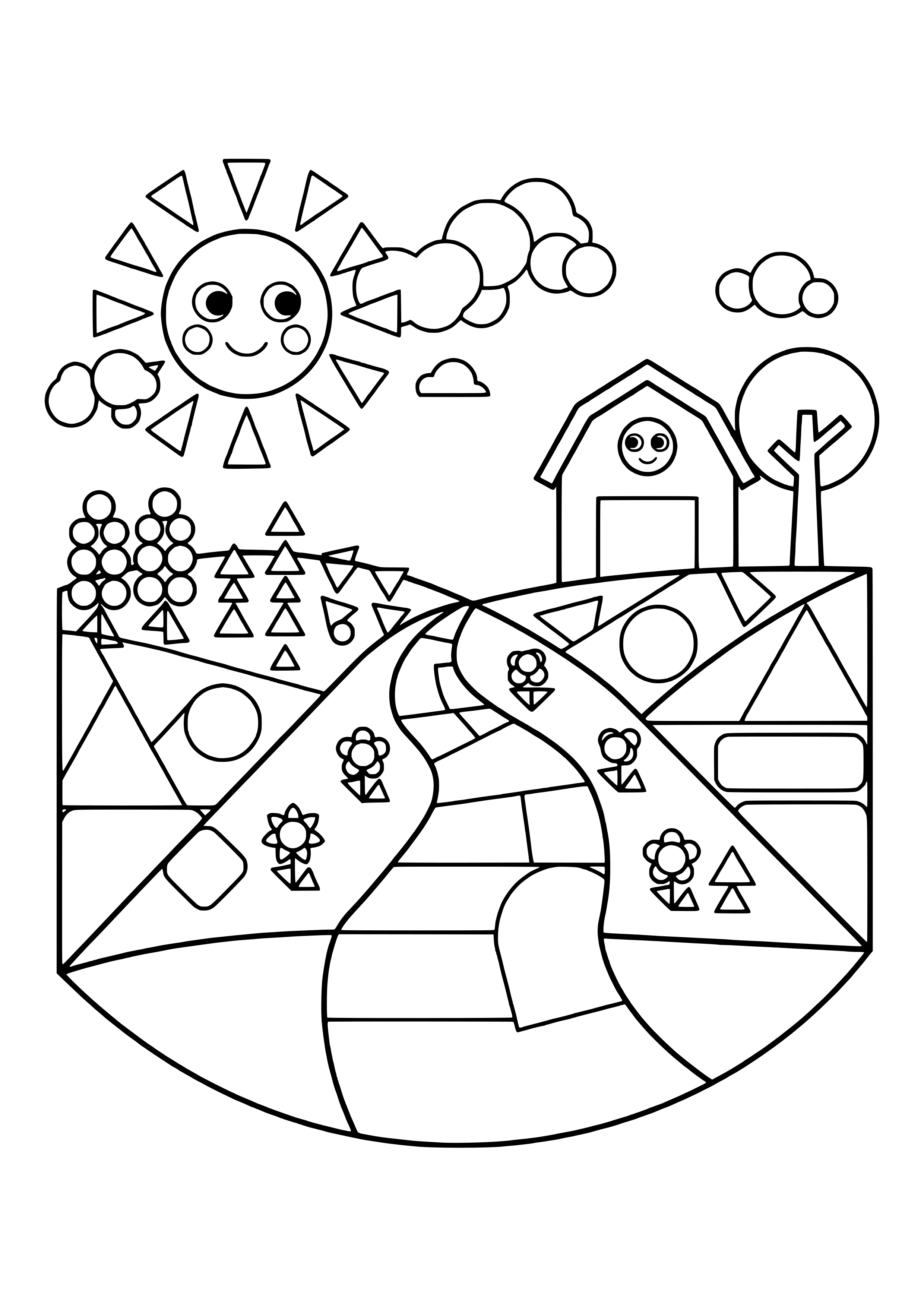 Geometric landscape with a winding farm track, fields filled with triangles and circles, flowers, a smiling sun with triangle rays, clouds, trees and a barn with a face – coloring page to print