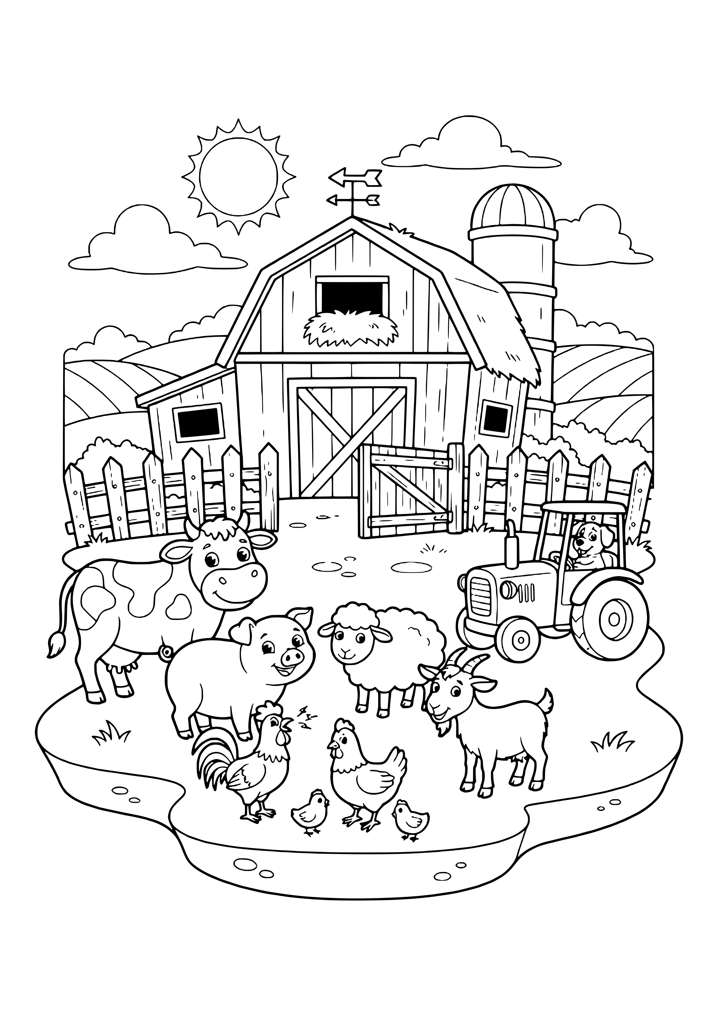 Bauernhof mit Scheune, Silo und offenem Tor, davor Kuh, Schwein, Schaf, Ziege, Hahn, Henne mit drei Küken und ein Traktor mit Hund am Steuer – Ausmalbild zum Ausdrucken