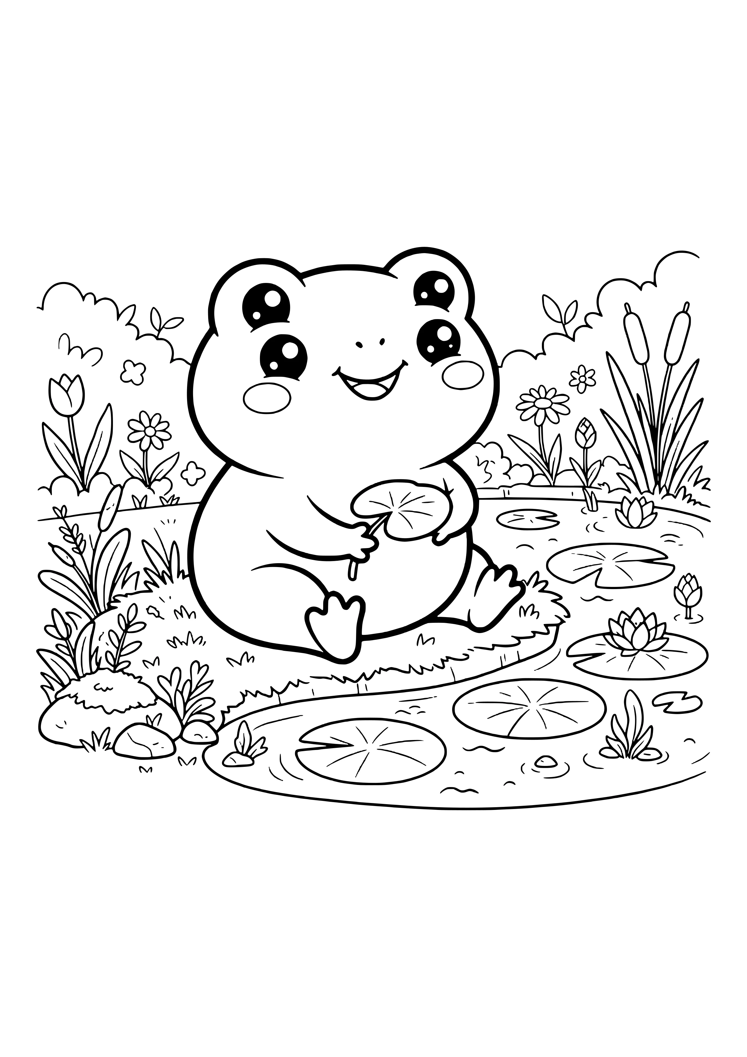 Chubby frog with big shiny eyes holding a lily pad on the bank of a pond with water lilies, cattails and flowers – coloring page to print
