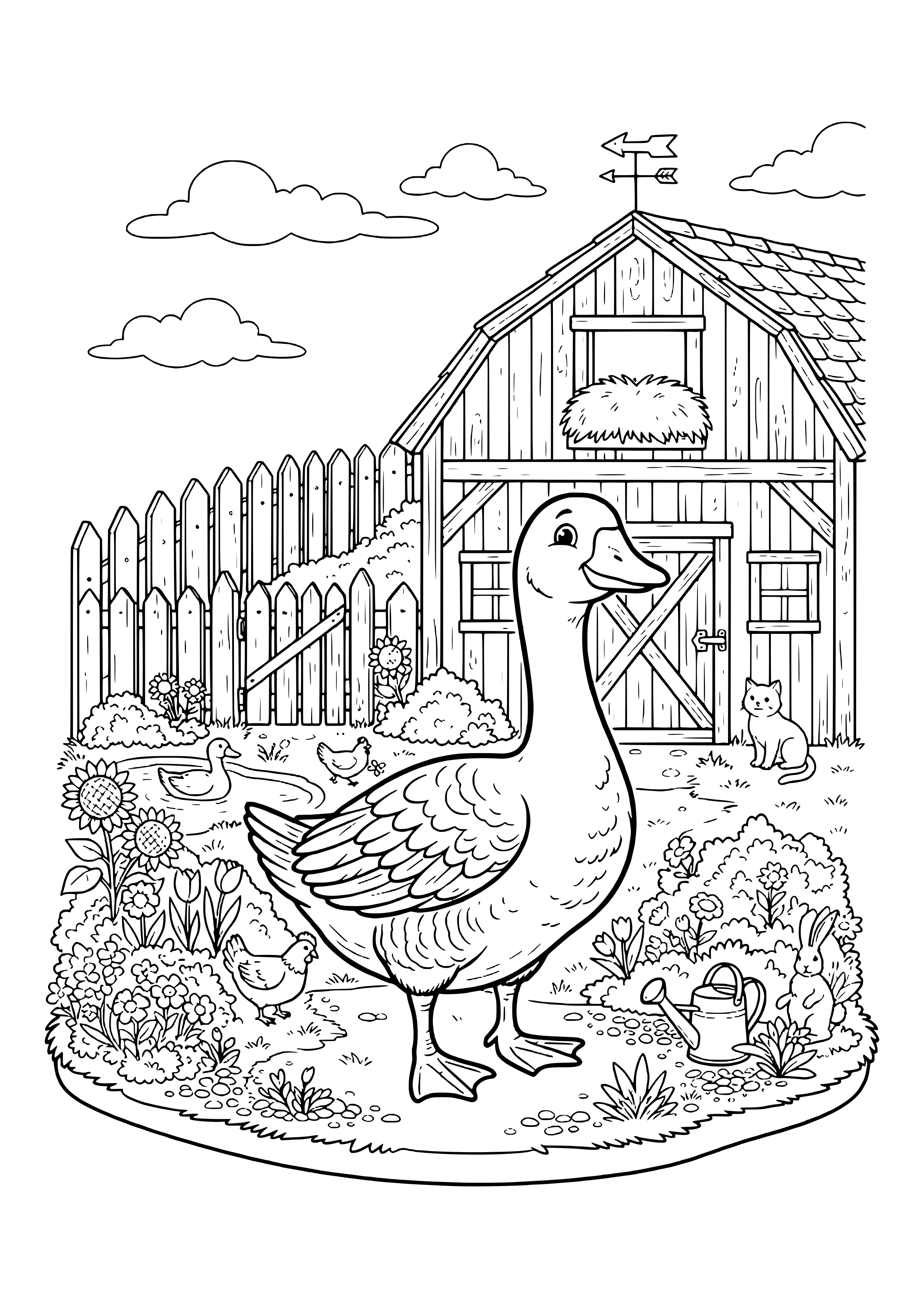 Wachsame Gans vor einer Holzscheune mit Wetterfahne, dazu Holzzaun, Sonnenblumen, Huhn, Küken, Ente im kleinen Teich, Katze, Hase und Gießkanne – Ausmalbild zum Ausdrucken