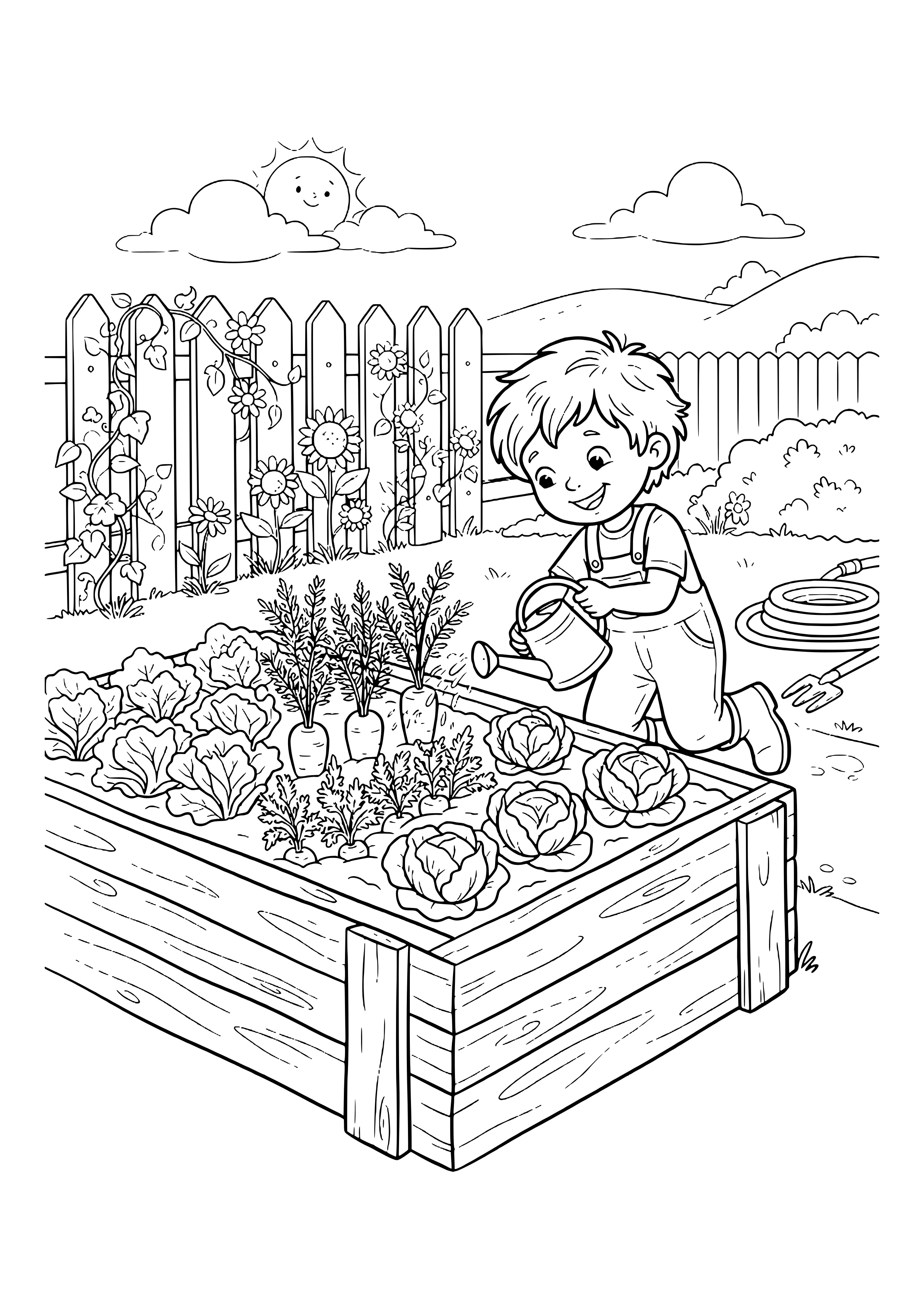 Boy with a watering can kneeling beside a wooden raised bed with lettuce, cabbage and carrots, a fence with flowers and vines, a garden hose and a hand fork – coloring page to print