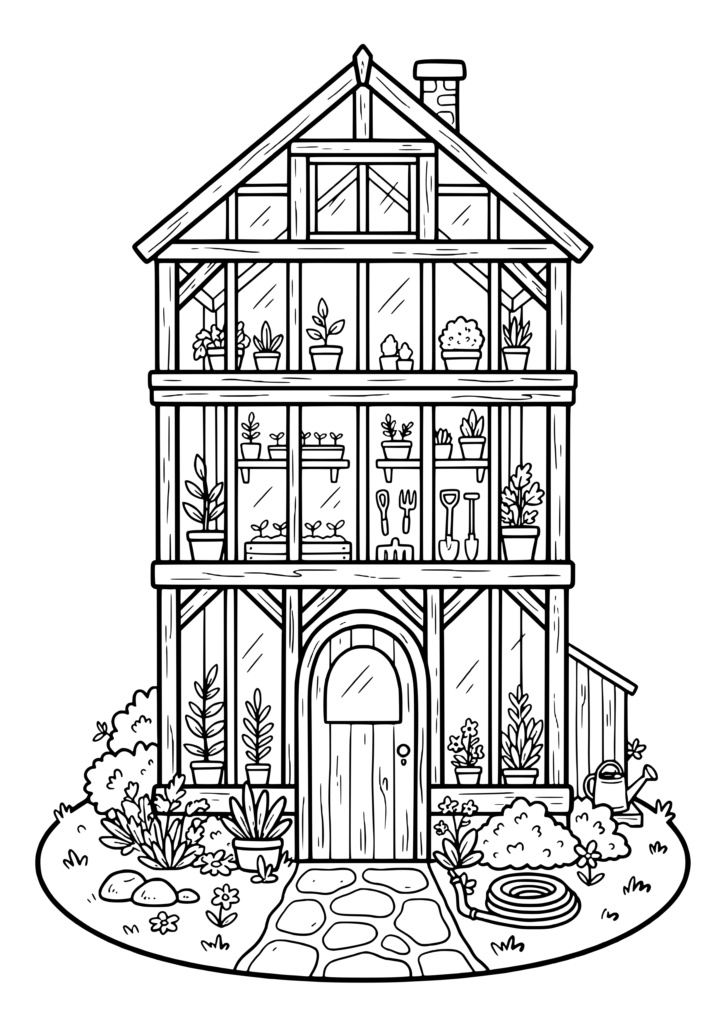 Tall greenhouse with a wooden frame, glass windows, wooden door, shelves of potted plants and garden tools, a stone path, watering can and garden hose – coloring page to print