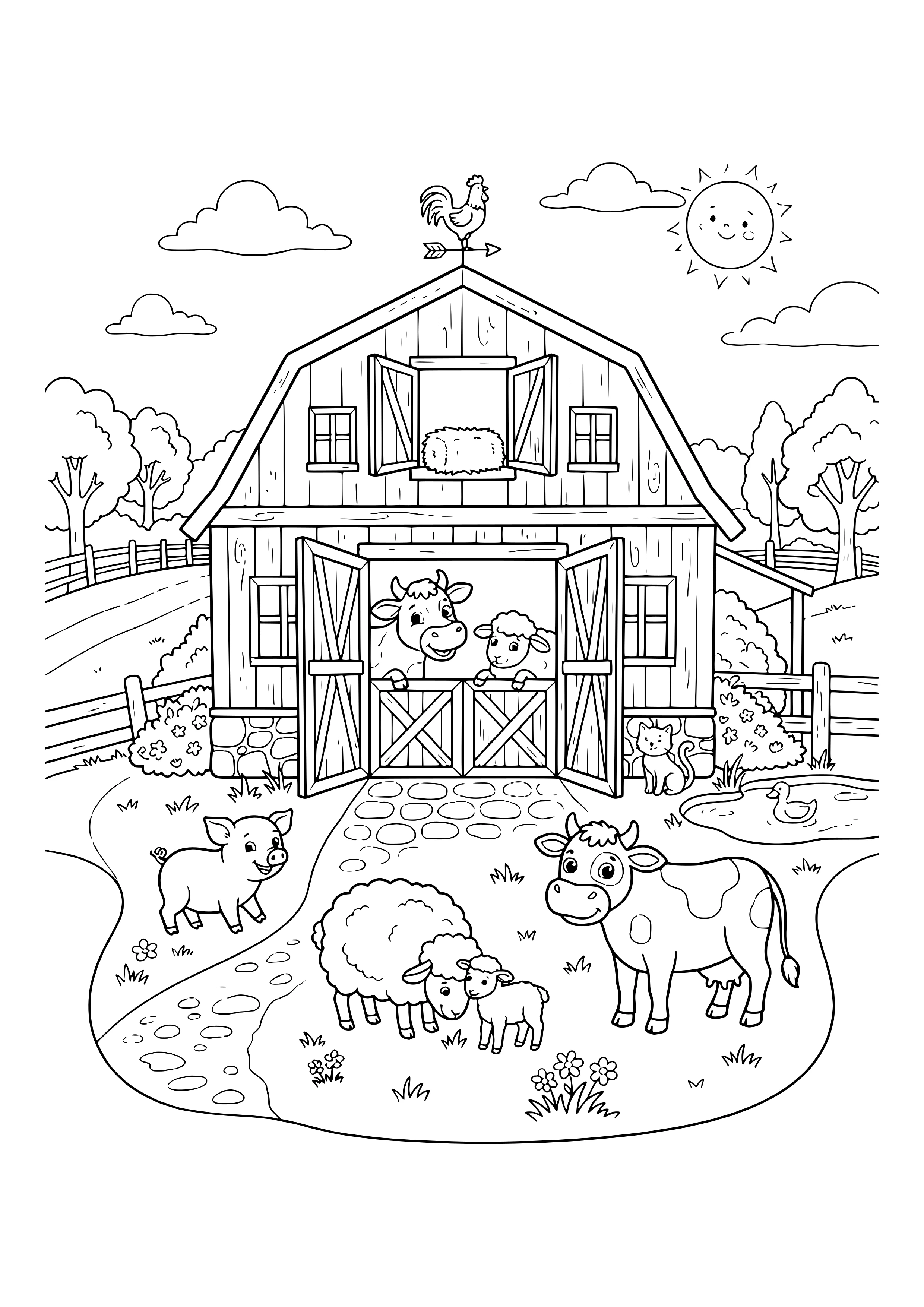 Big wooden barn with open doors and a rooster weather vane, a cow and a sheep at the half door, a hay bale in the loft, a pig, a ewe with lamb, a cow, a cat and a duck pond – coloring page to print