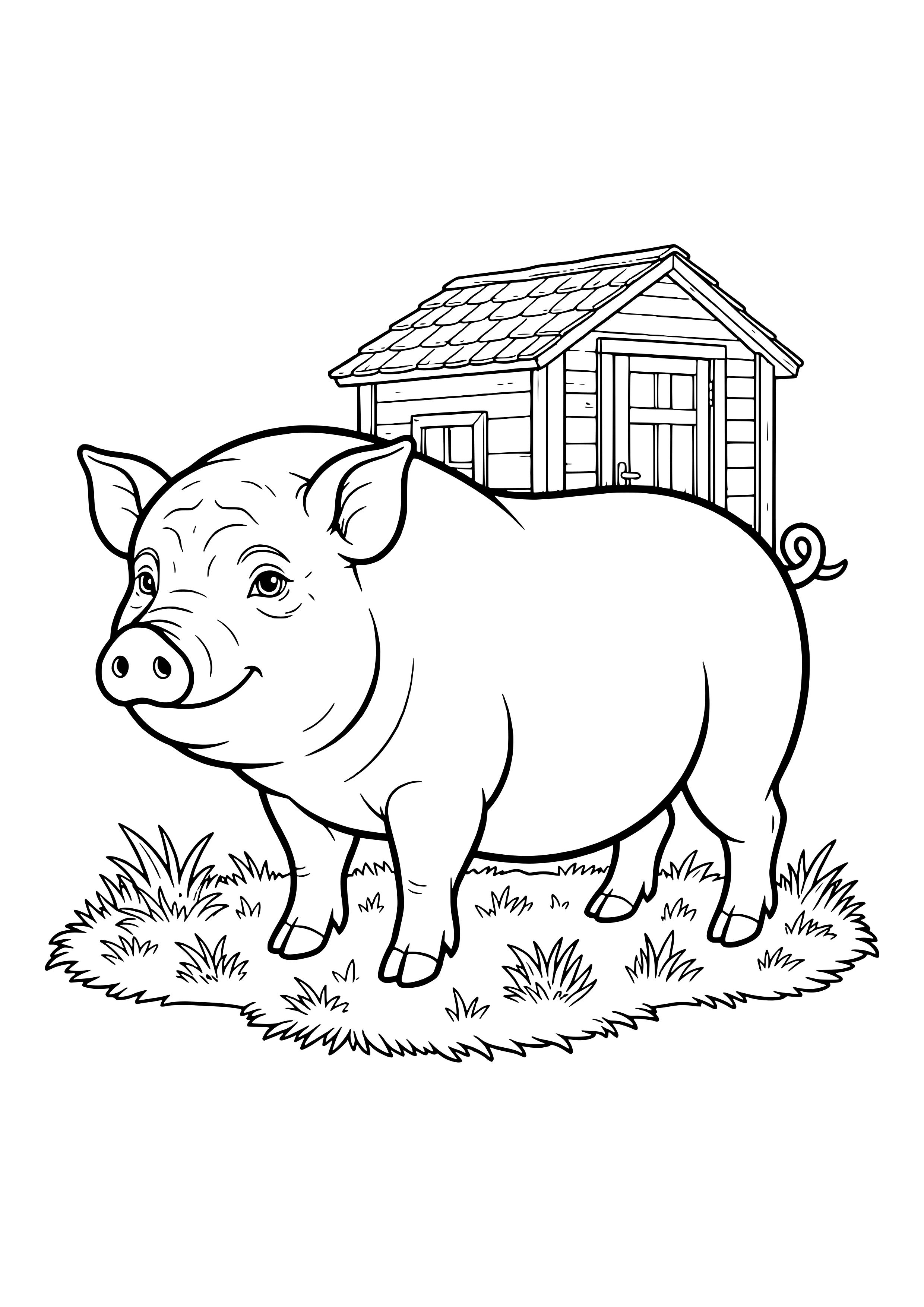 Round pot-bellied pig with a wrinkly forehead and upright ears standing on grass in front of a small wooden shed with a shingled roof – coloring page to print